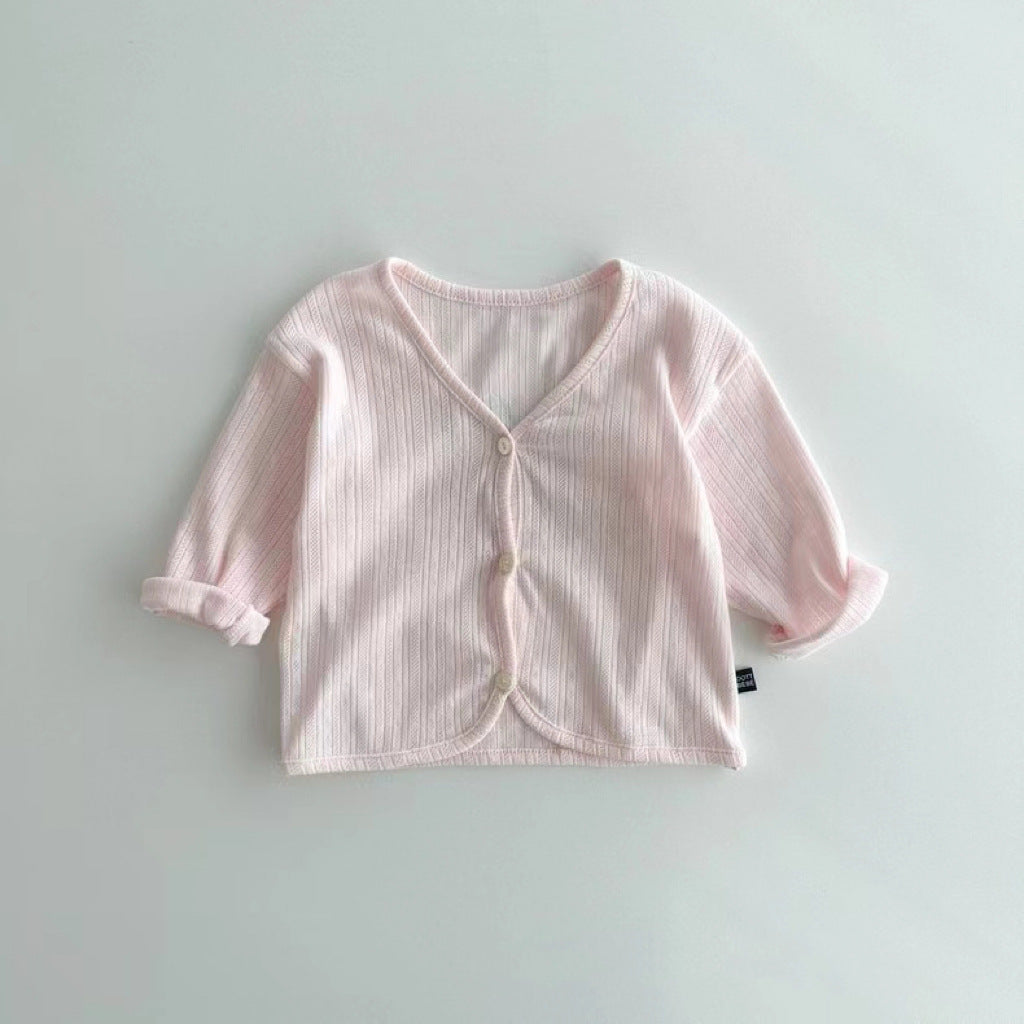 A stylish Spring and Summer Kids Unisex Minimalist Single Breasted outfit in pink, blue, yellow, and beige colors, suitable for infants and toddlers.