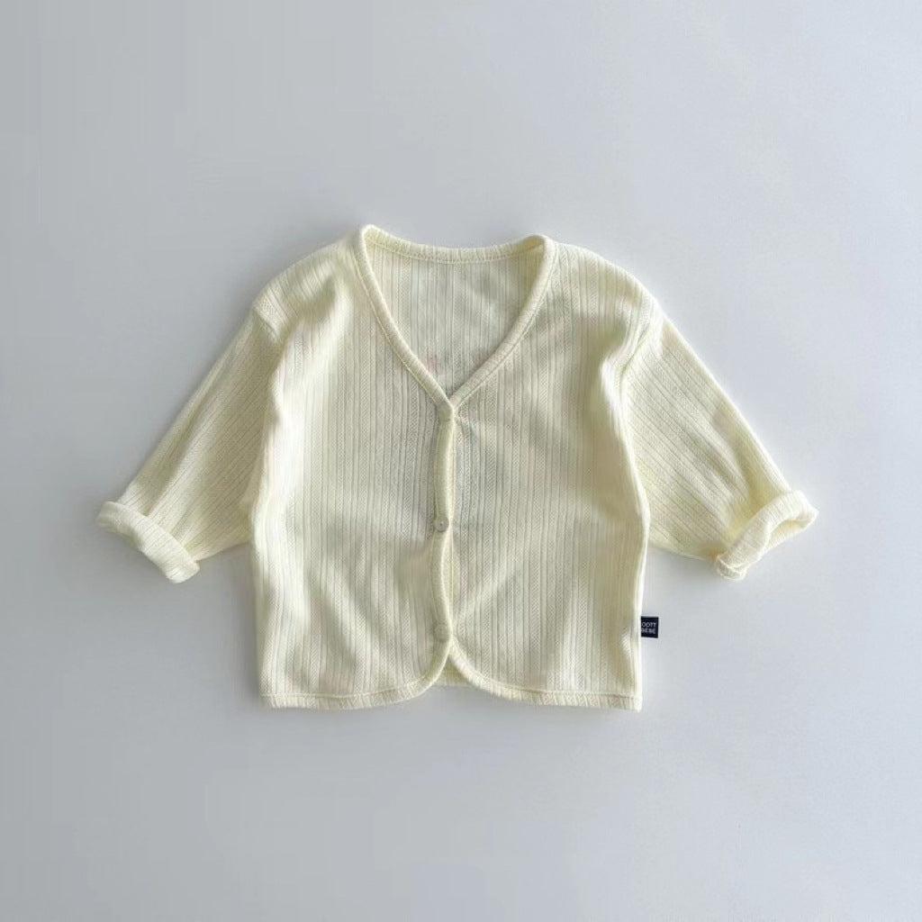 A stylish Spring and Summer Kids Unisex Minimalist Single Breasted outfit in pink, blue, yellow, and beige colors, suitable for infants and toddlers.