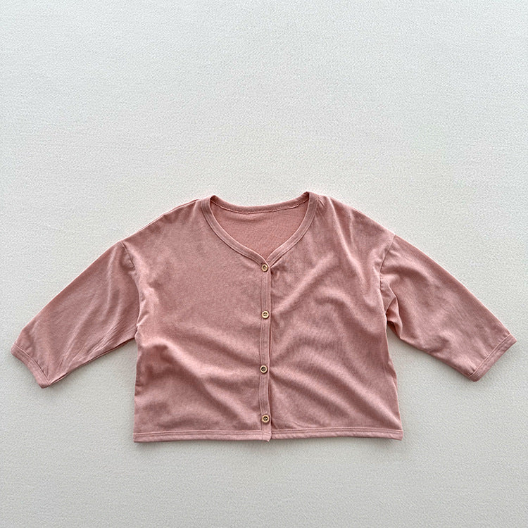 A stylish Spring and Summer Kids Unisex Minimalist Single Breasted outfit in pink, beige, and coffee colors, suitable for boys and girls.