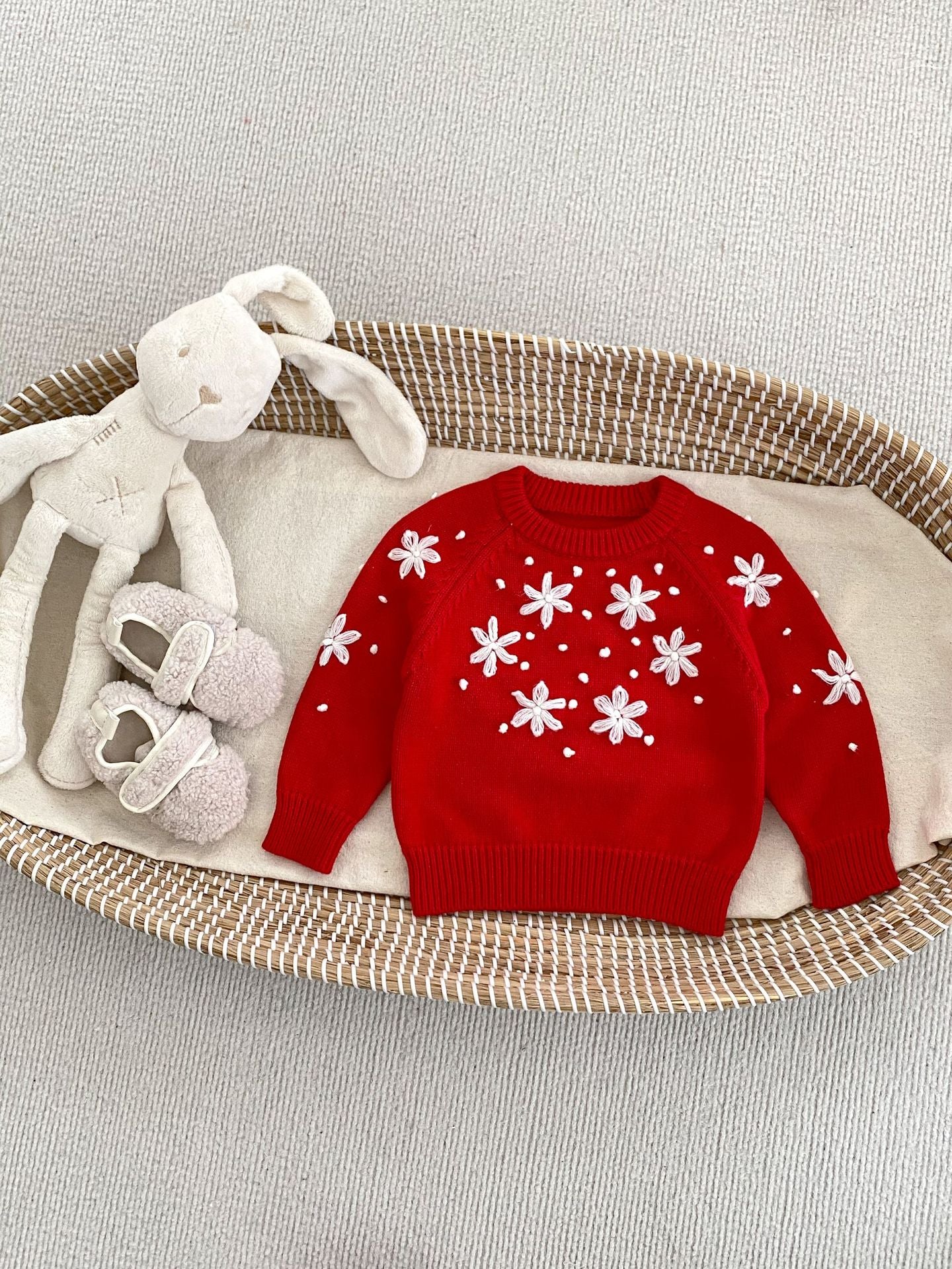 Spring Baby and Kids Girls Floral Knitting Pattern Pullover in white and red colors, showcasing floral design and soft cotton material.