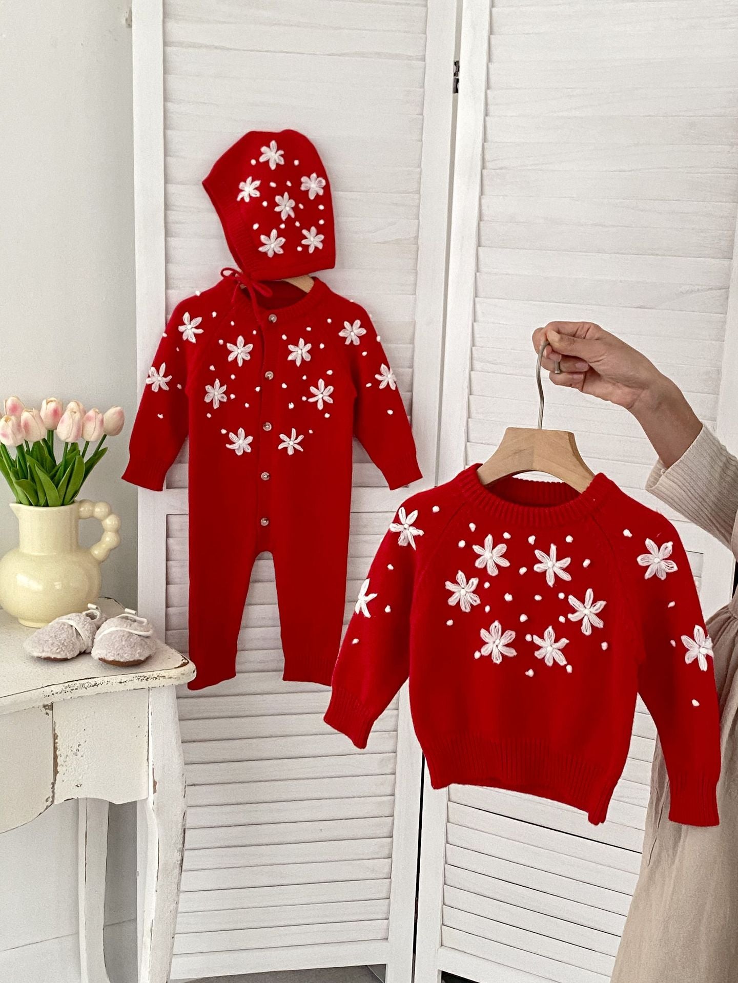 Spring Baby and Kids Girls Floral Knitting Pattern Pullover in white and red colors, showcasing floral design and soft cotton material.