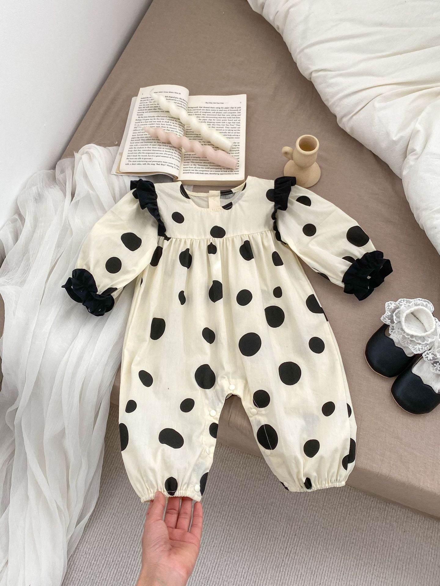 Spring Baby Girls Polka Dots Romper in beige with black leather shoes, showcasing a playful design perfect for spring and autumn.