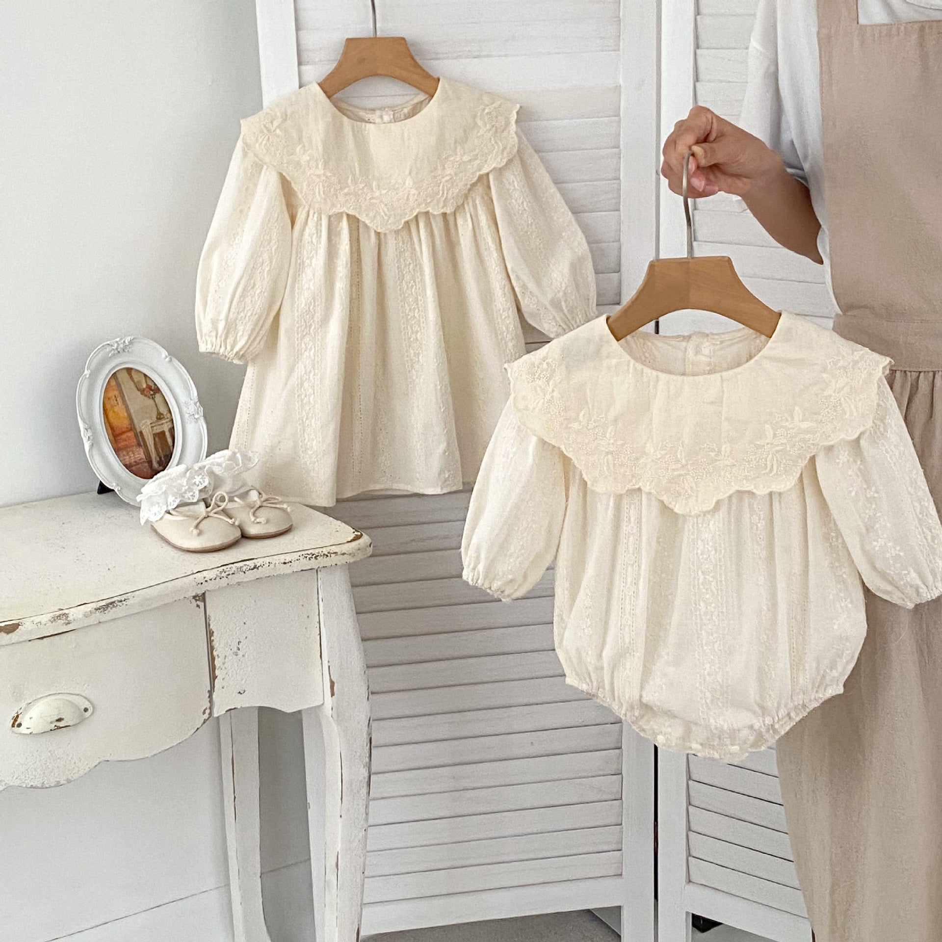 Spring Baby Beige Floral Embroidery Long-Sleeved Onesies and Dress featuring delicate floral patterns and soft cotton material.