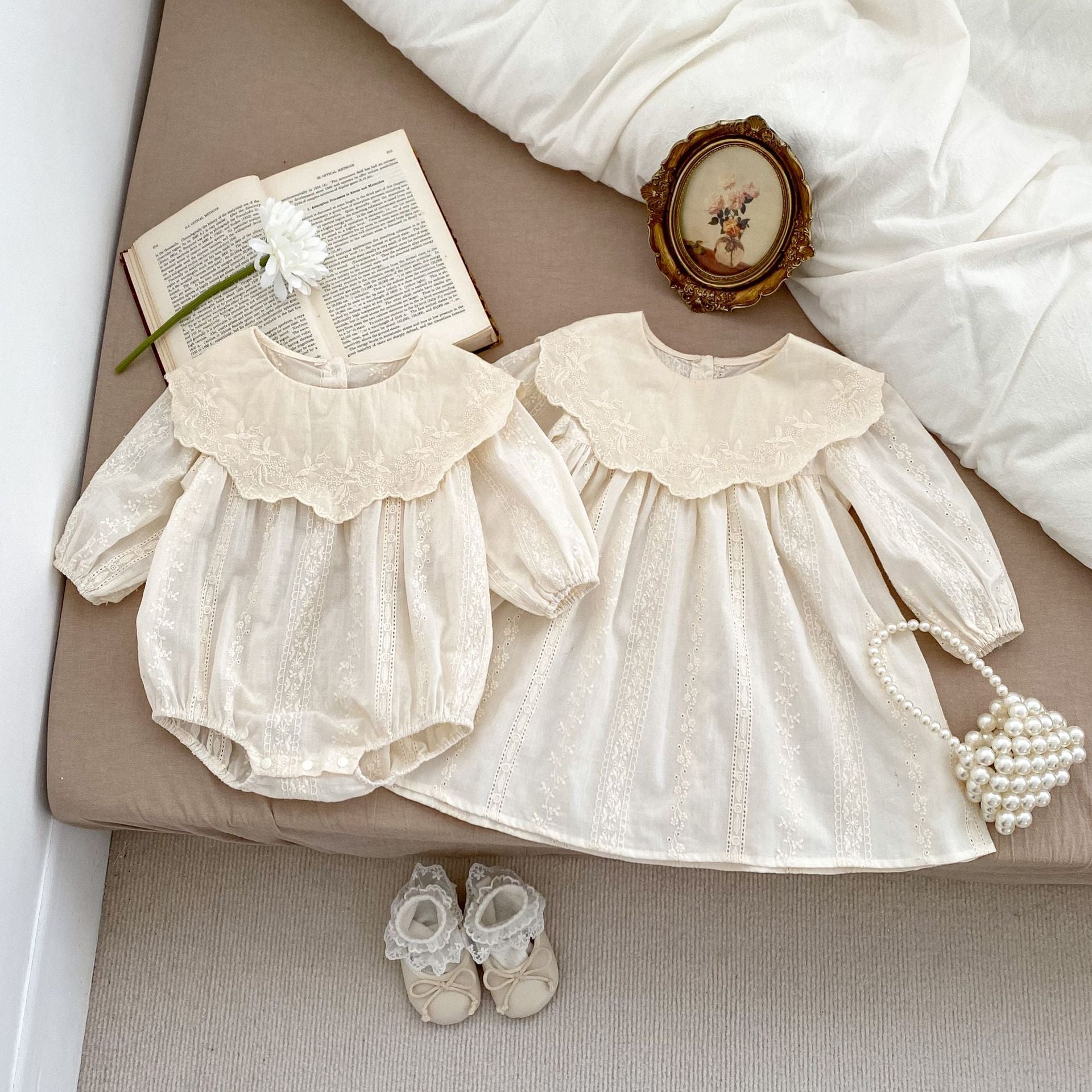 Spring Baby Beige Floral Embroidery Long-Sleeved Onesies and Dress featuring delicate floral patterns and soft cotton material.