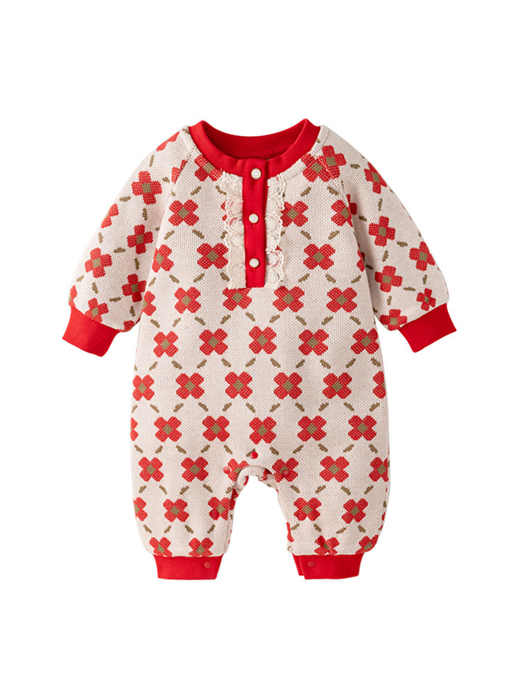 A vibrant red floral knitted romper for baby girls, featuring a crew neck design, perfect for spring and autumn wear.