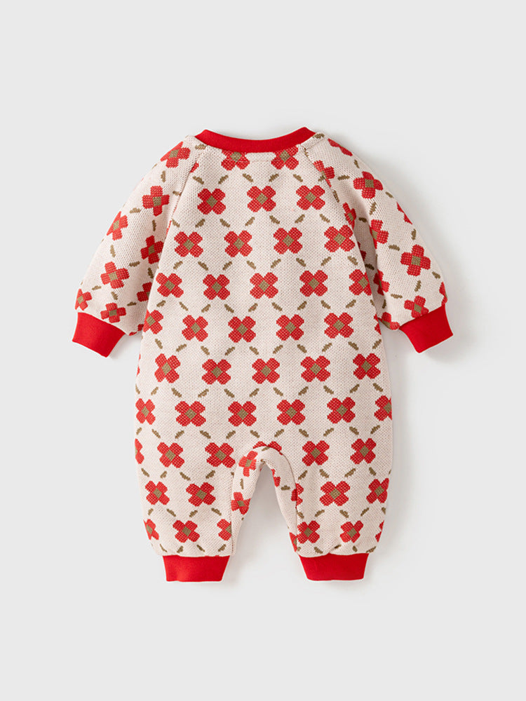 A vibrant red floral knitted romper for baby girls, featuring a crew neck design, perfect for spring and autumn wear.