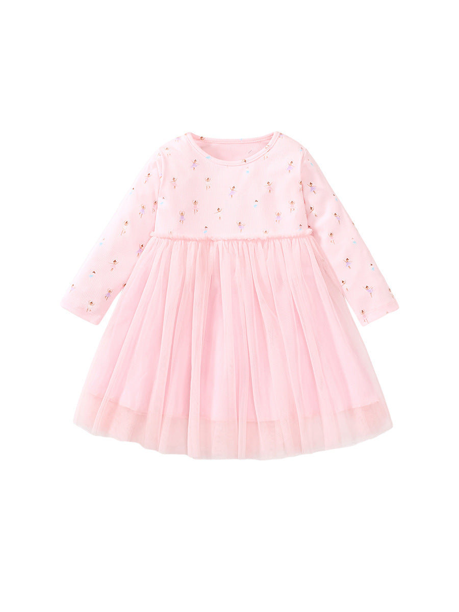 Spring Baby Girls Long Sleeves Chiffon Dress with Cartoon Dancer Pattern in Pink, perfect for young girls.