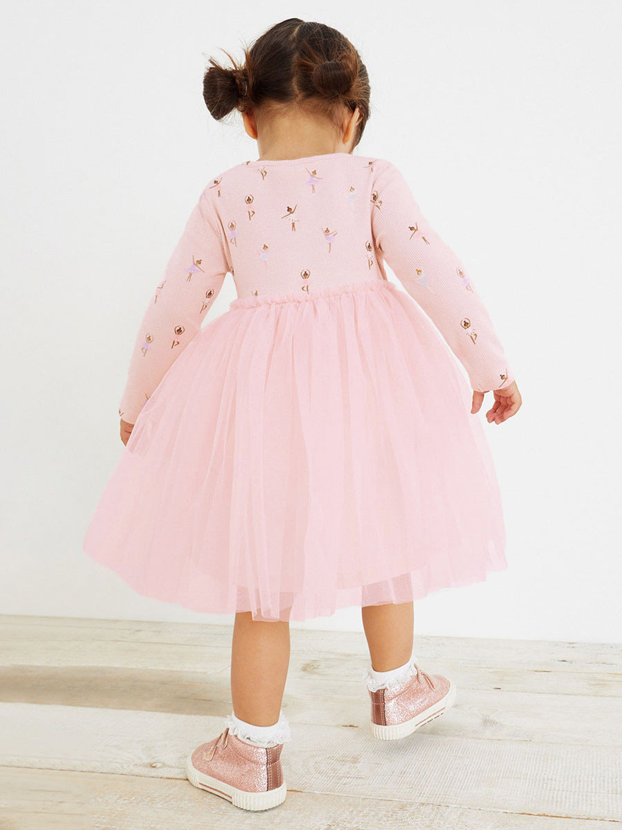 Spring Baby Girls Long Sleeves Chiffon Dress with Cartoon Dancer Pattern in Pink, perfect for young girls.