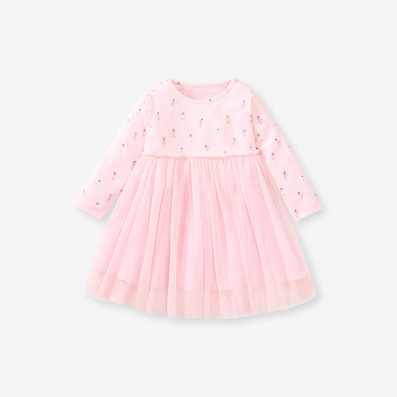 Spring Baby Girls Long Sleeves Chiffon Dress with Cartoon Dancer Pattern in Pink, perfect for young girls.