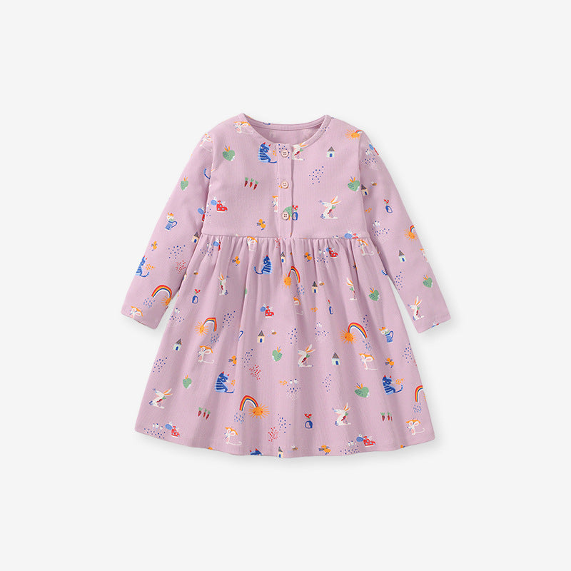 A vibrant purple long sleeve dress for baby girls featuring cartoon elements, perfect for spring and autumn wear.