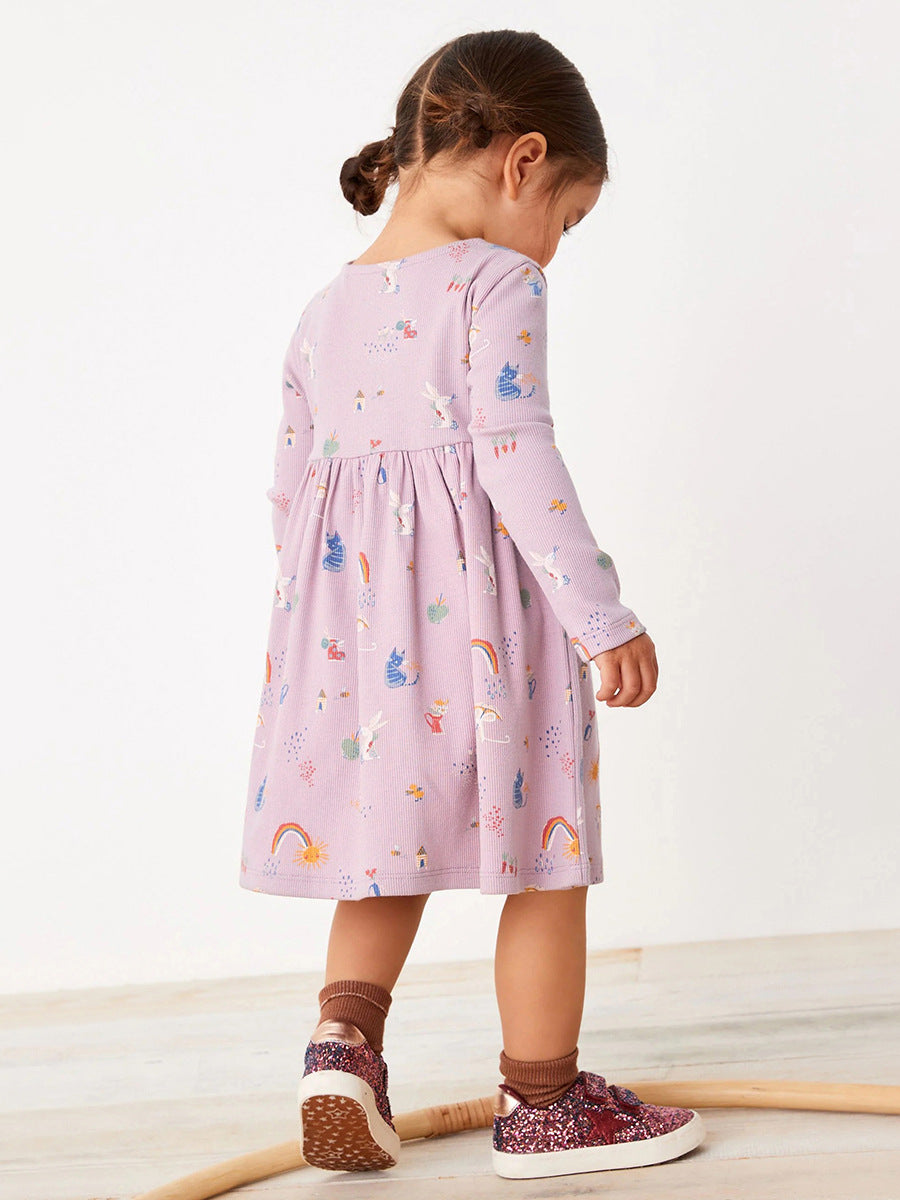 A vibrant purple long sleeve dress for baby girls featuring cartoon elements, perfect for spring and autumn wear.