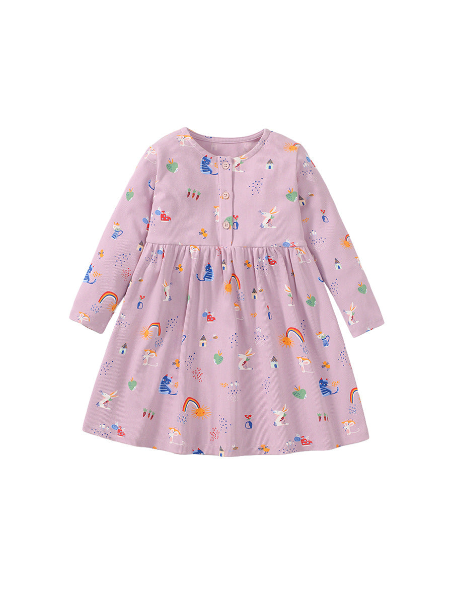 A vibrant purple long sleeve dress for baby girls featuring cartoon elements, perfect for spring and autumn wear.