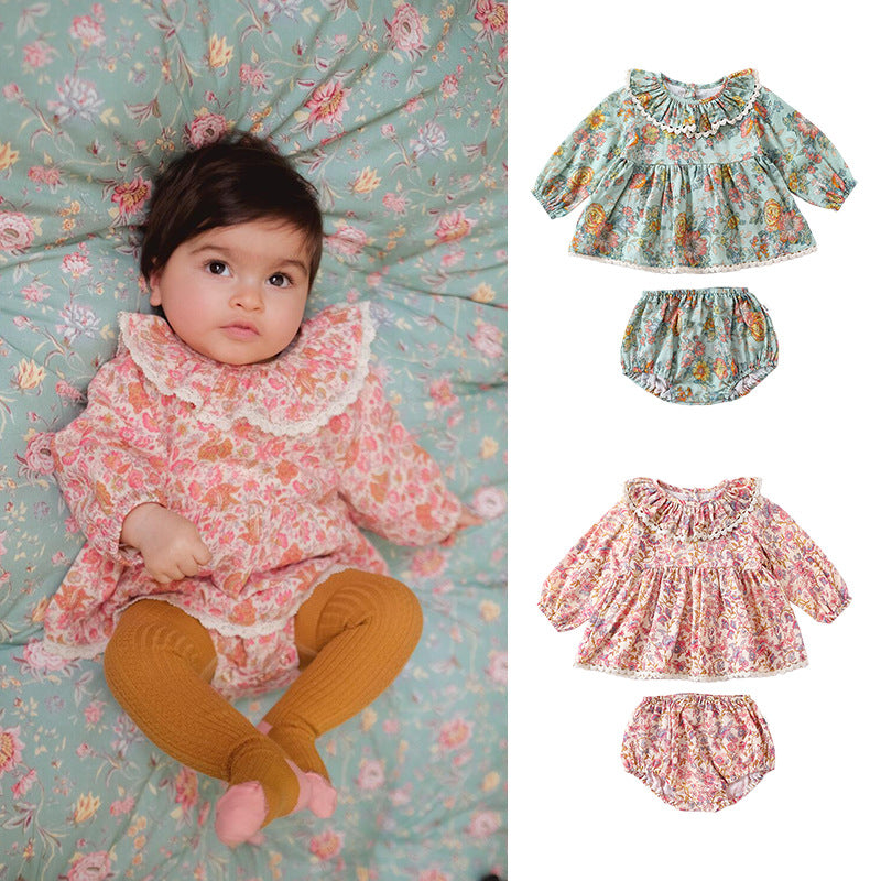 Spring Baby Kids Girls Floral Ruffle Collar Top and Shorts set in pink and blue, featuring a floral pattern and ruffle collar design.