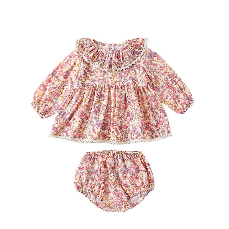 Spring Baby Kids Girls Floral Ruffle Collar Top and Shorts set in pink and blue, featuring a floral pattern and ruffle collar design.