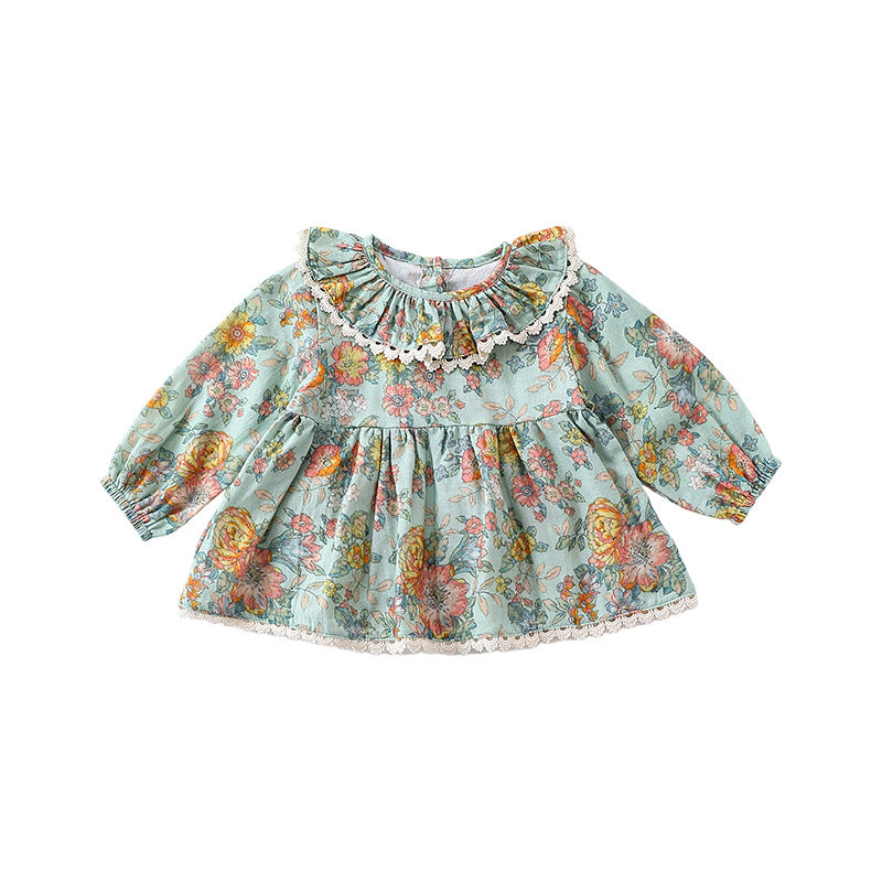 Spring Baby Kids Girls Floral Ruffle Collar Top and Shorts set in pink and blue, featuring a floral pattern and ruffle collar design.