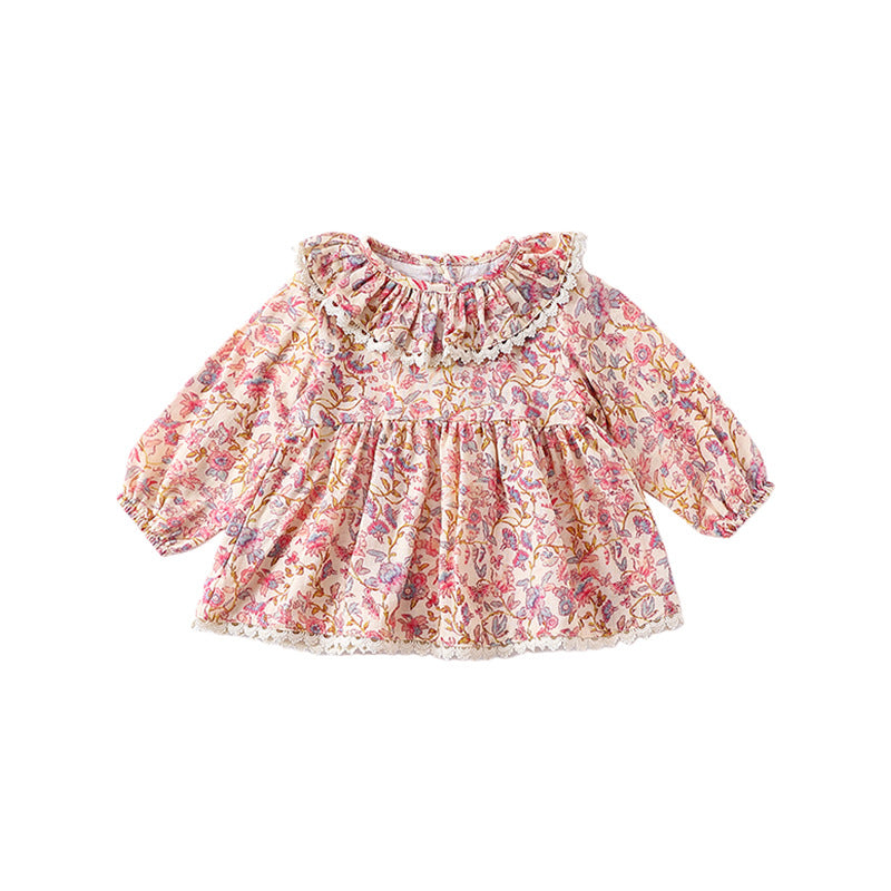 Spring Baby Kids Girls Floral Ruffle Collar Top and Shorts set in pink and blue, featuring a floral pattern and ruffle collar design.