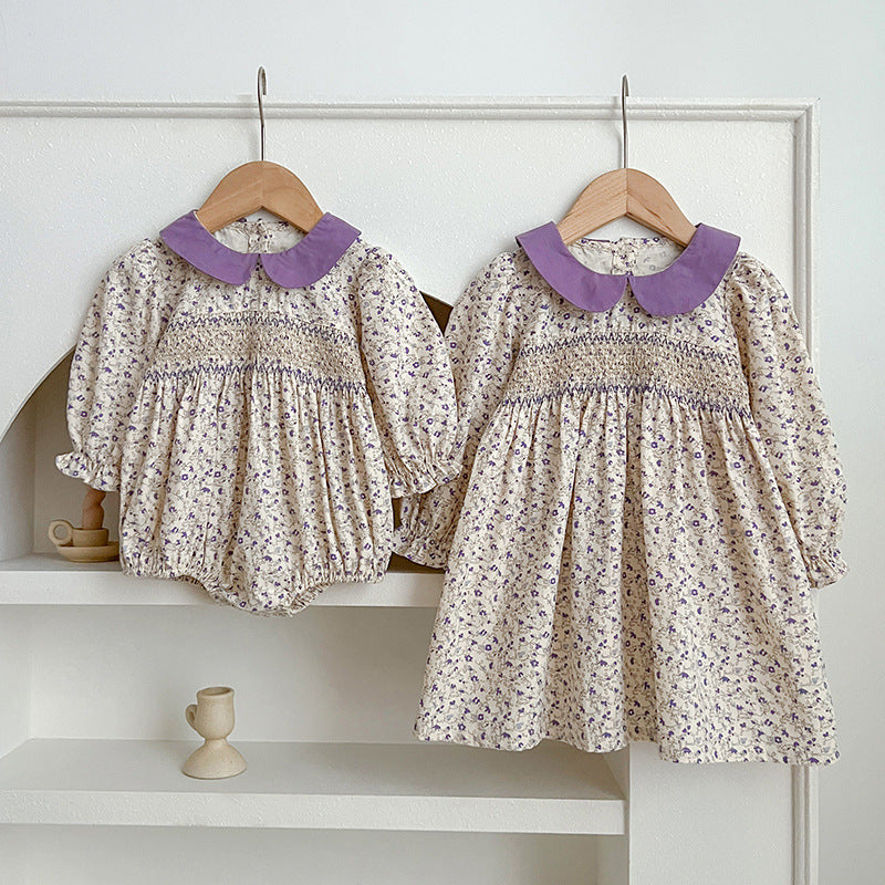 Spring Floral Graphic Sister Clothes Dress and Onesies in light blue, purple, and yellow colors, featuring floral patterns, suitable for baby girls and girls.