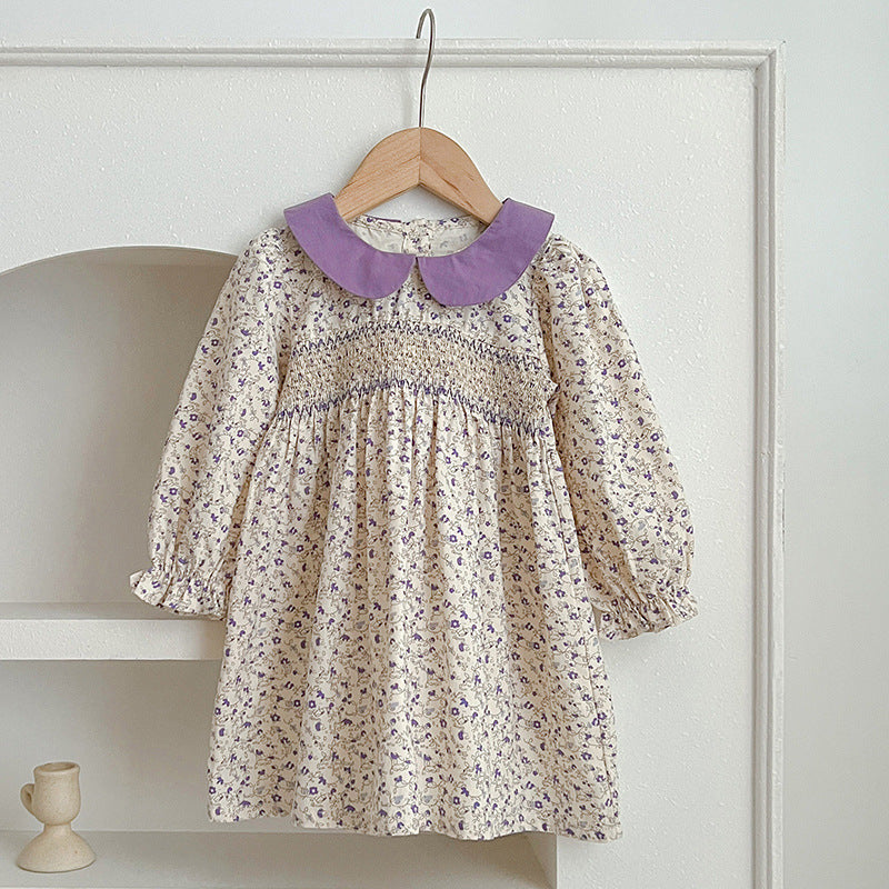 Spring Floral Graphic Sister Clothes Dress and Onesies in light blue, purple, and yellow colors, featuring floral patterns, suitable for baby girls and girls.