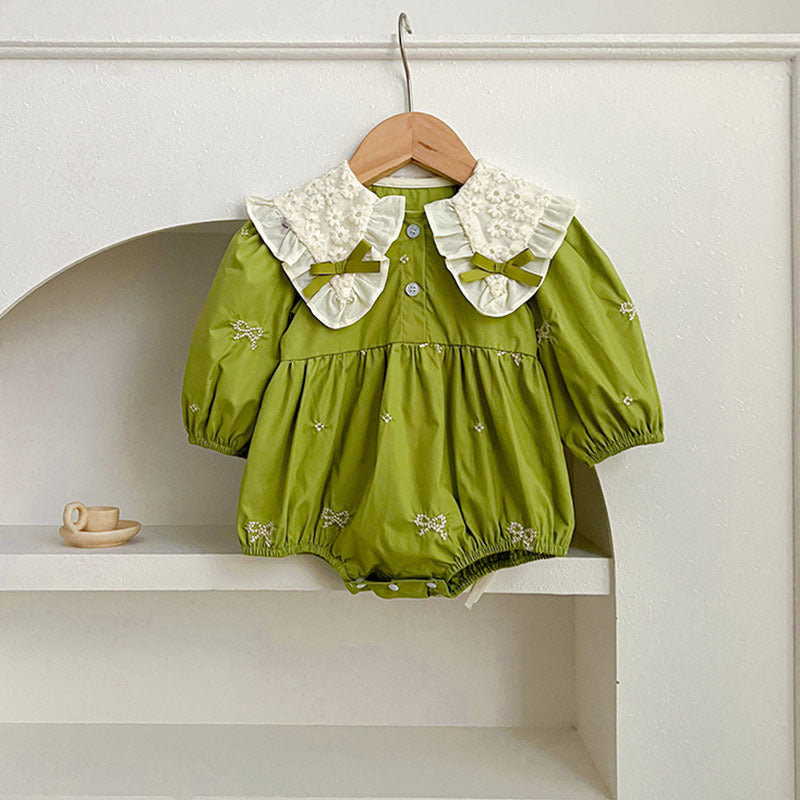 A stylish long sleeve green dress for girls featuring a mesh patched design and embroidered details, perfect for spring and autumn wear.