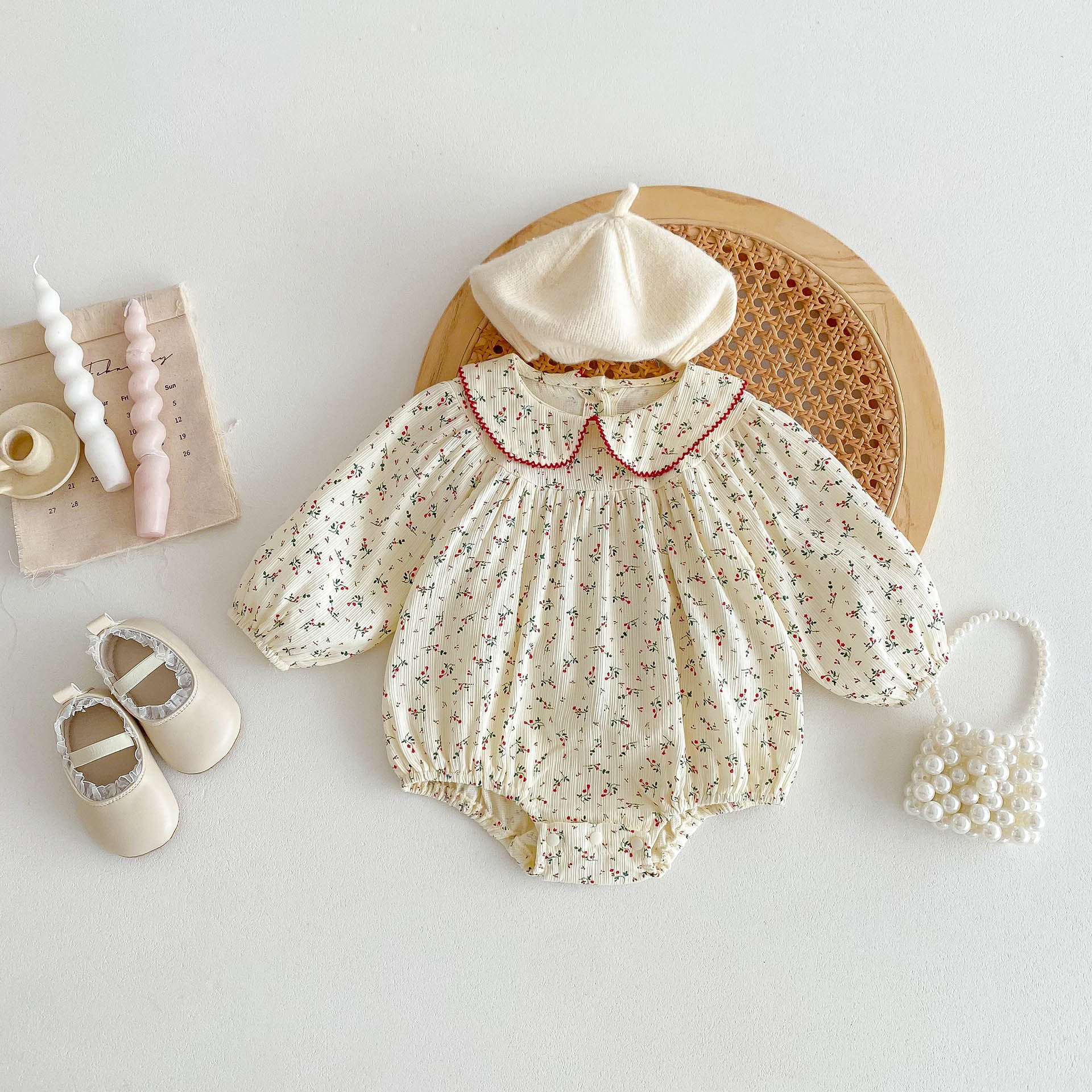 Baby girls floral long sleeves dress with Peter Pan collar in beige color, perfect for spring and autumn wear.