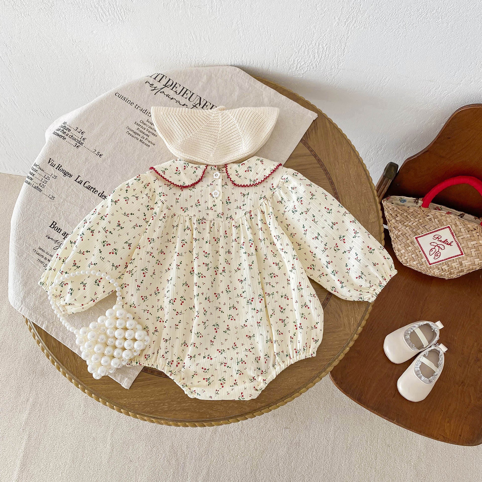 Baby girls floral long sleeves dress with Peter Pan collar in beige color, perfect for spring and autumn wear.