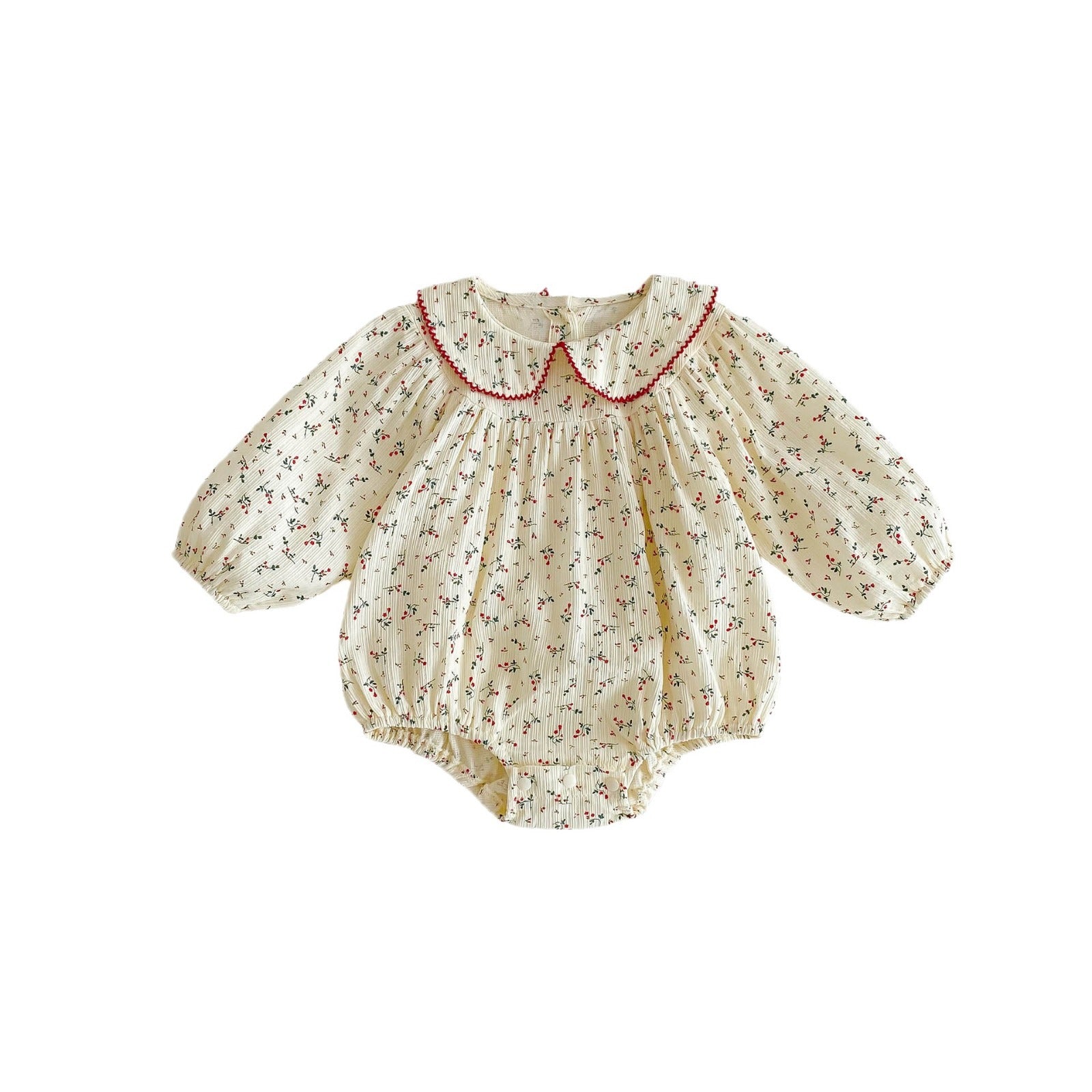 Baby girls floral long sleeves dress with Peter Pan collar in beige color, perfect for spring and autumn wear.