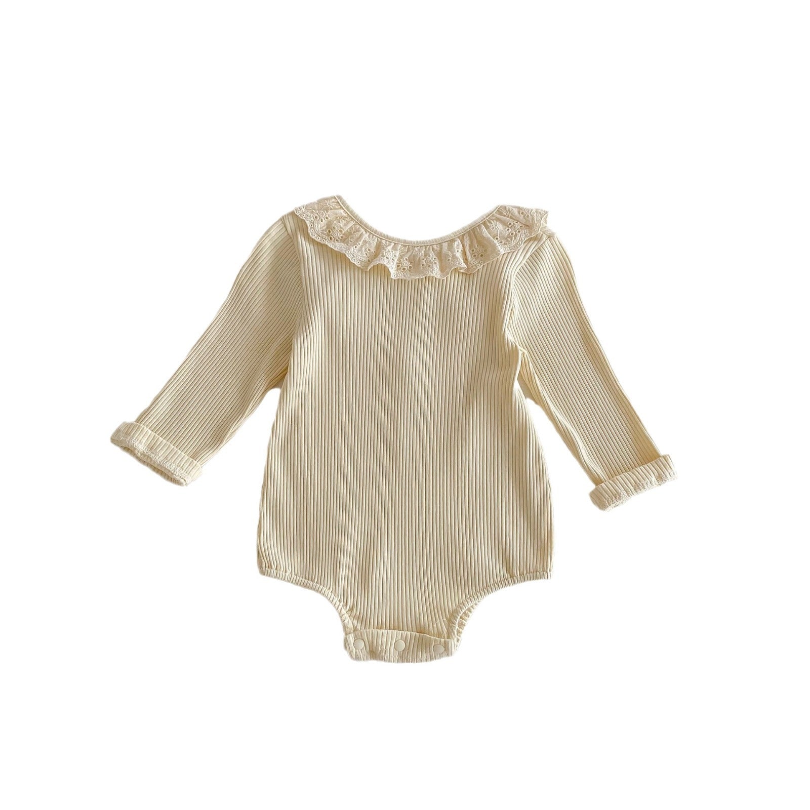 Spring New Design Baby Fashion Long Sleeves V Neck Onesie for Girls in beige color, made from soft cotton and polyester blend.