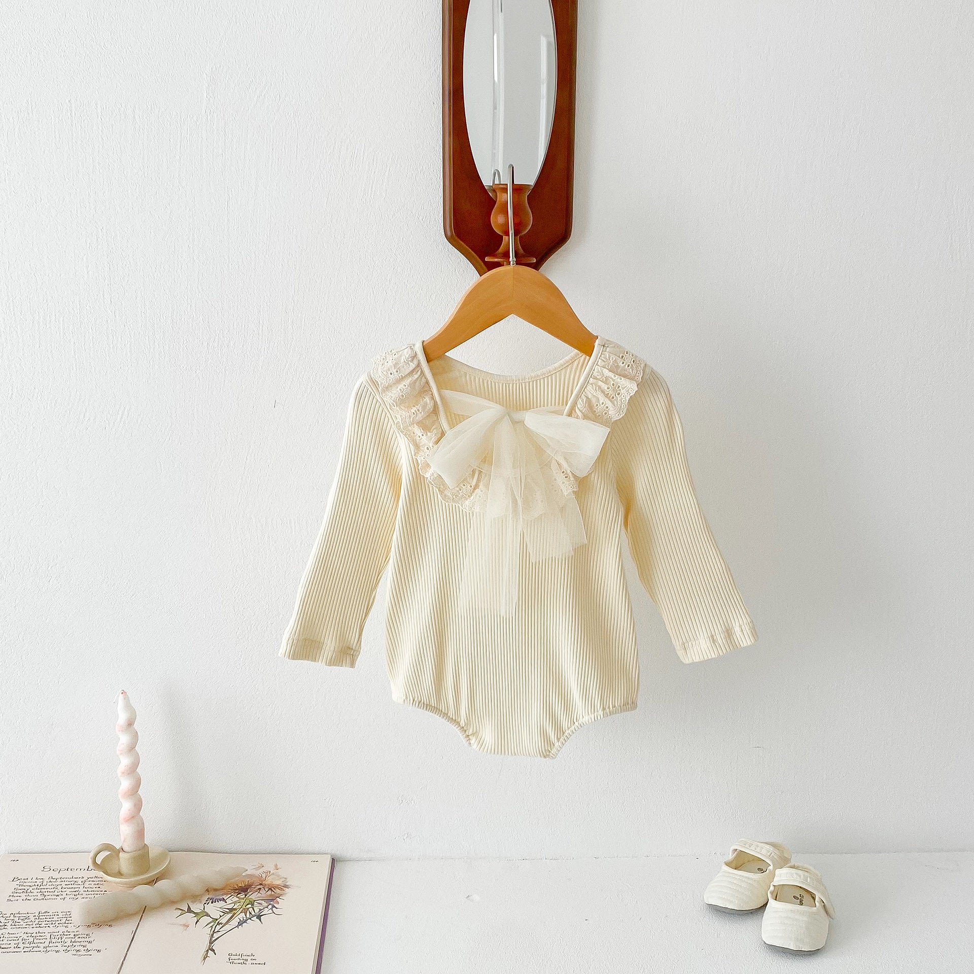 Spring New Design Baby Fashion Long Sleeves V Neck Onesie for Girls in beige color, made from soft cotton and polyester blend.