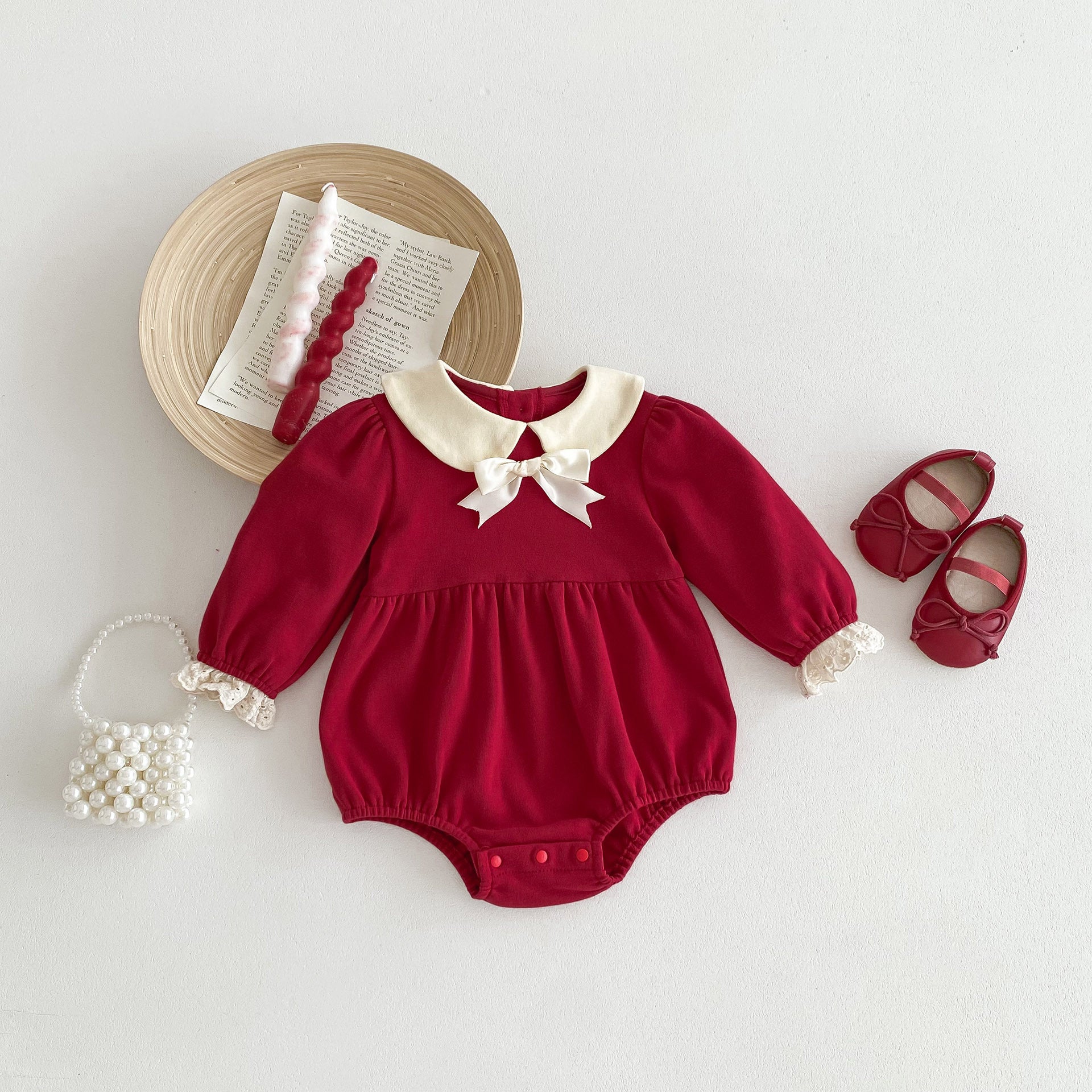 Spring red long sleeves onesie with white collar for baby girls, featuring a patchwork design, perfect for spring and autumn wear.