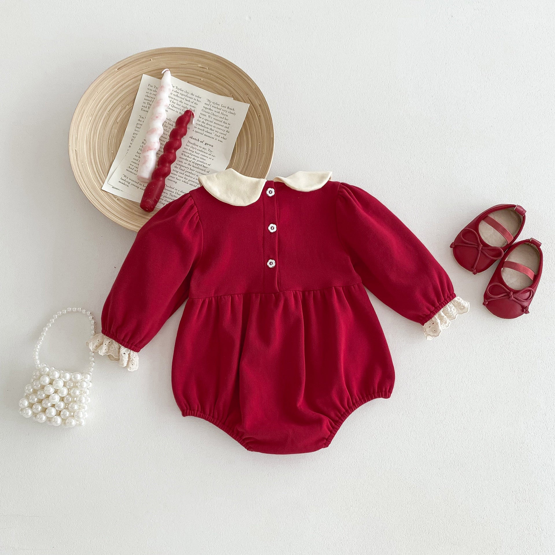 Spring red long sleeves onesie with white collar for baby girls, featuring a patchwork design, perfect for spring and autumn wear.