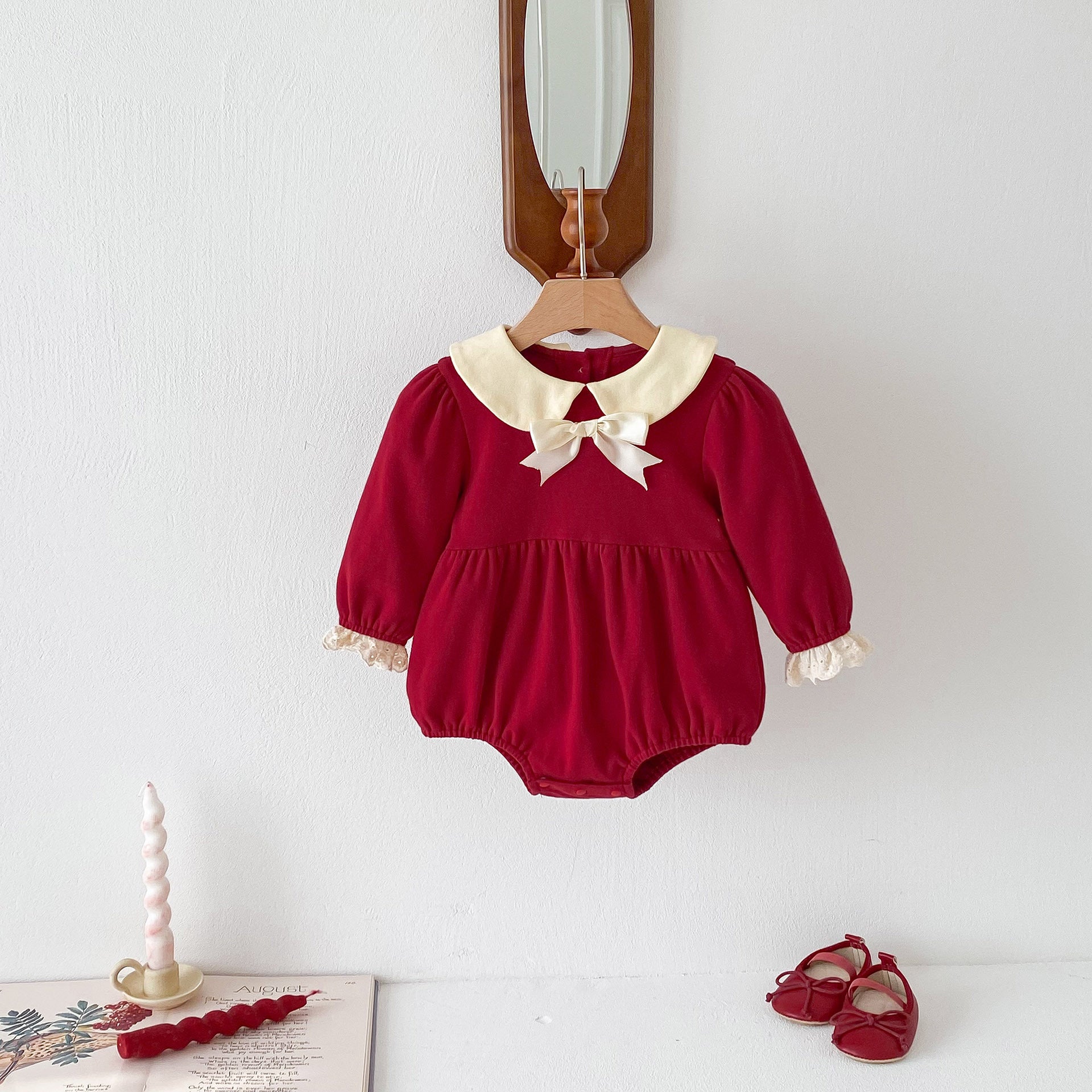 Spring red long sleeves onesie with white collar for baby girls, featuring a patchwork design, perfect for spring and autumn wear.