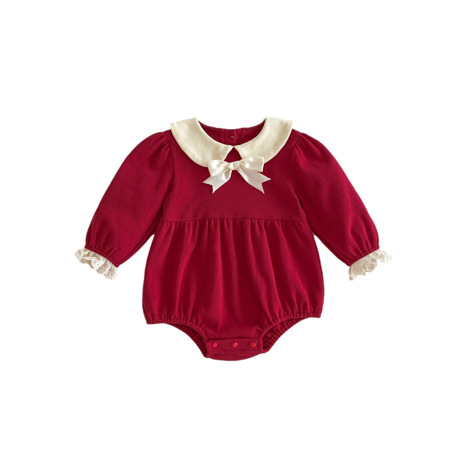 Spring red long sleeves onesie with white collar for baby girls, featuring a patchwork design, perfect for spring and autumn wear.