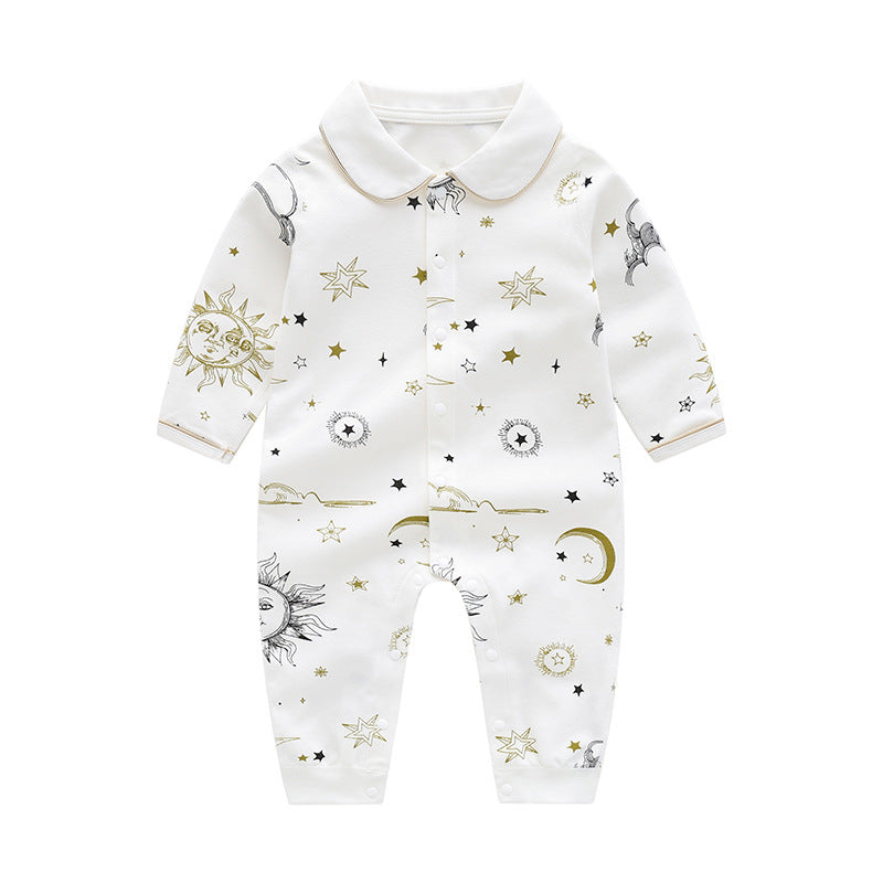 Baby outfit featuring suns, moons, and stars print in white cotton, perfect for spring and autumn.