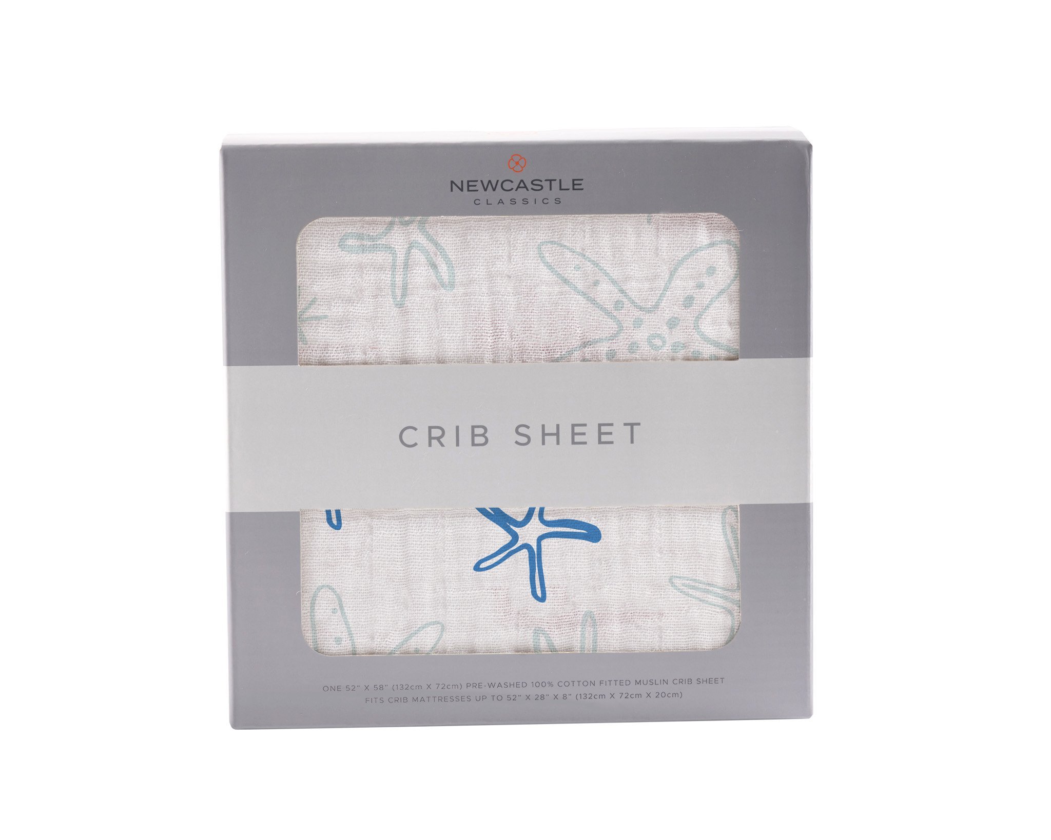 Starfish Cotton Muslin Crib Sheet featuring a whimsical starfish design, made from soft and breathable 100% natural cotton muslin.