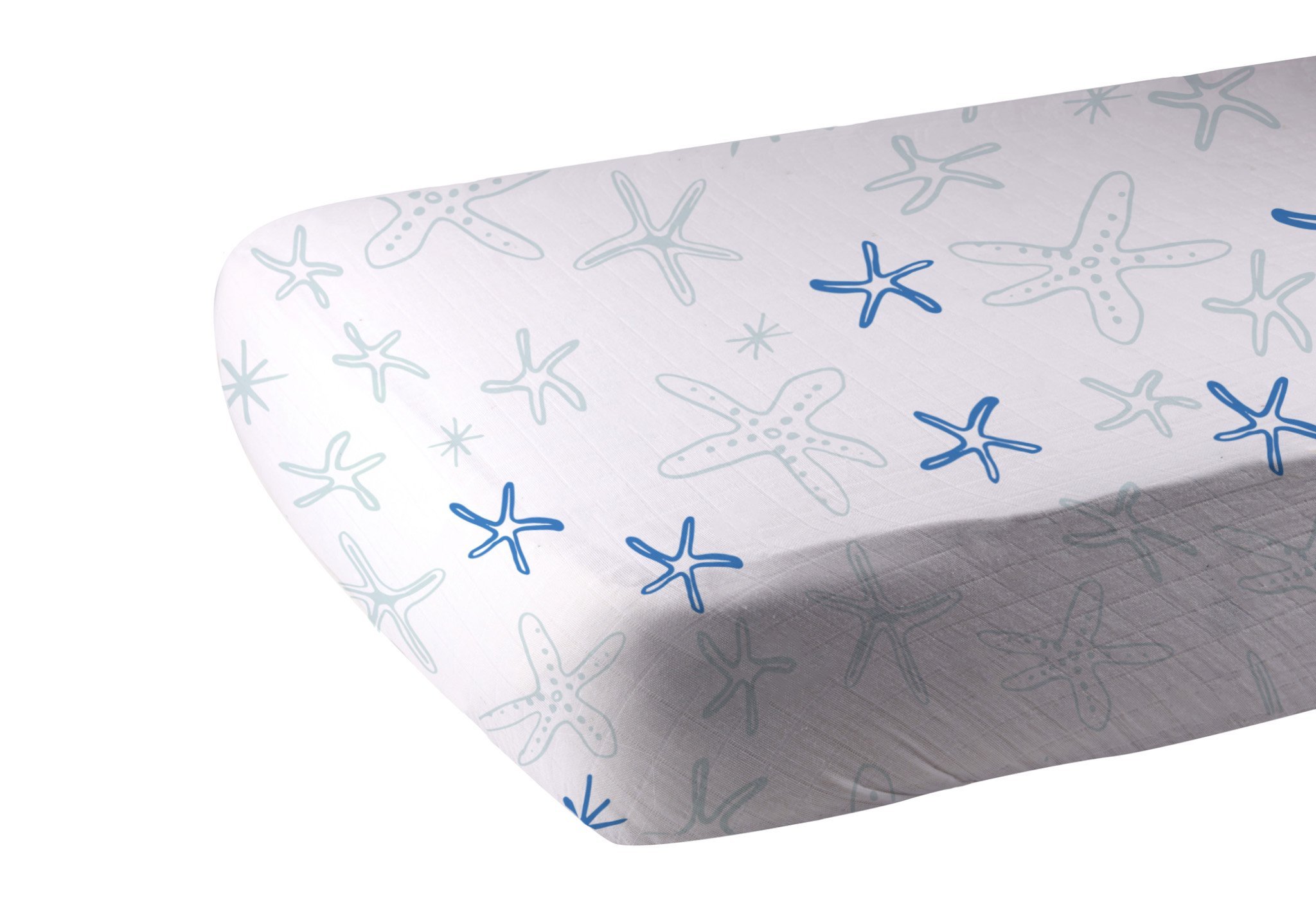 Starfish Cotton Muslin Crib Sheet featuring a whimsical starfish design, made from soft and breathable 100% natural cotton muslin.