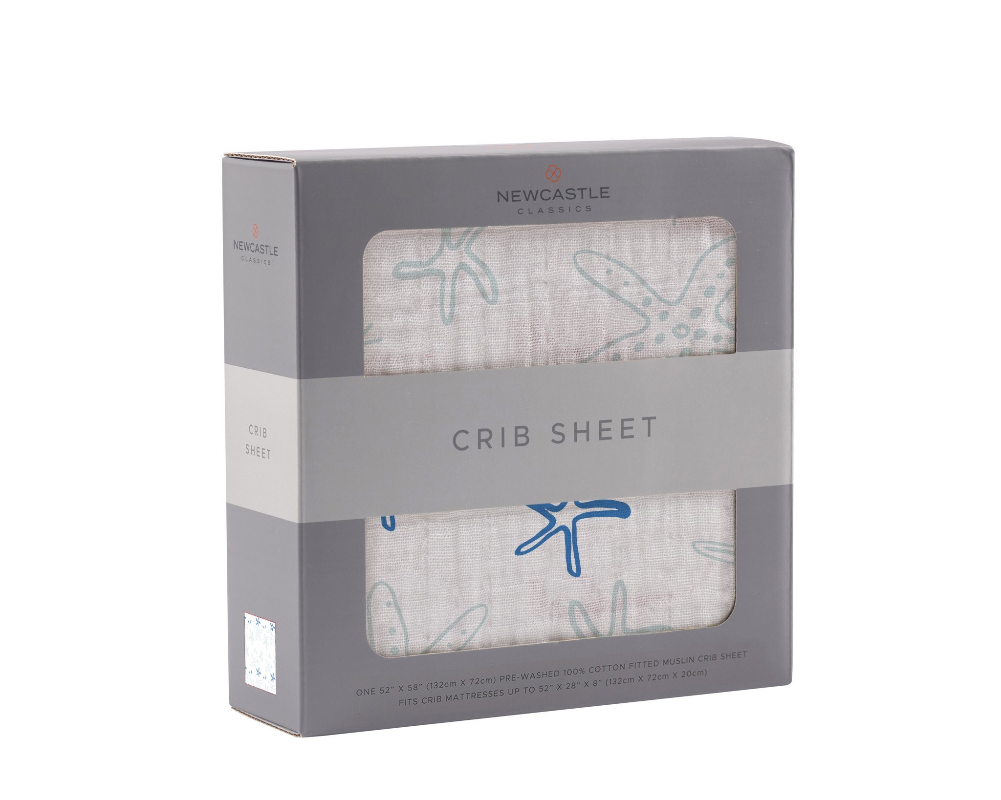 Starfish Cotton Muslin Crib Sheet featuring a whimsical starfish design, made from soft and breathable 100% natural cotton muslin.