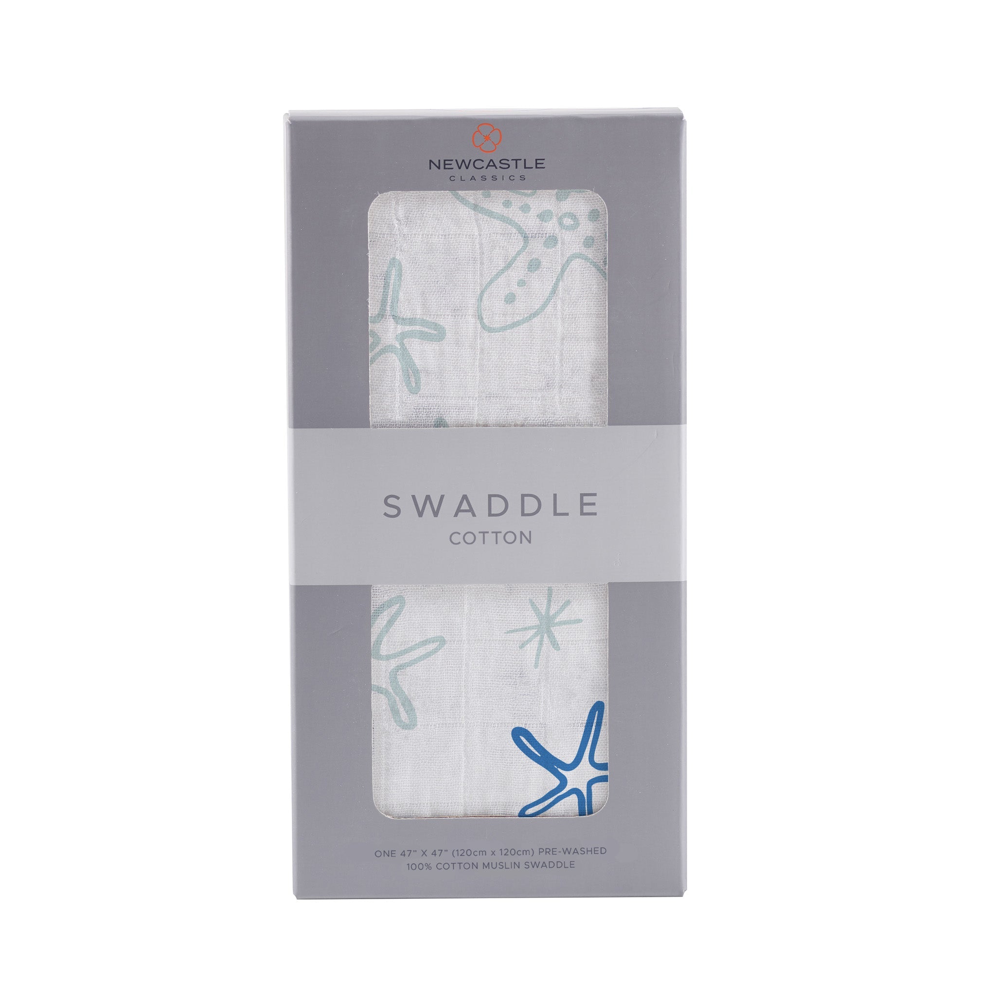 Starfish Cotton Muslin Swaddle featuring a whimsical starfish pattern, made from soft and breathable 100% natural cotton muslin.