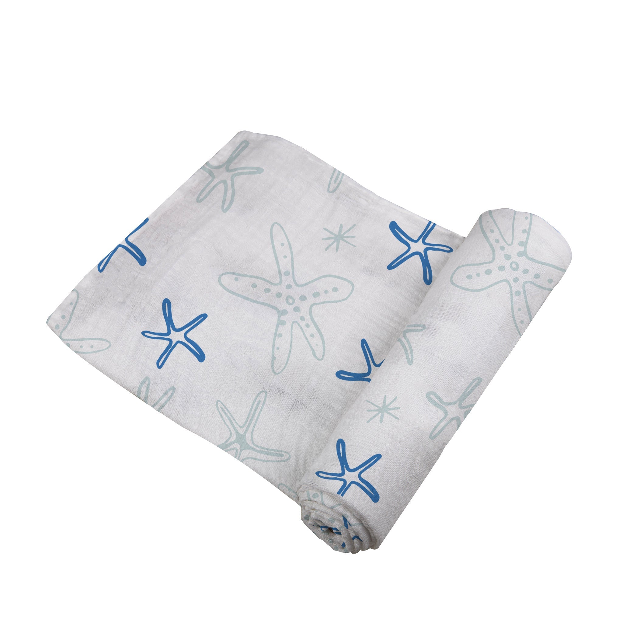 Starfish Cotton Muslin Swaddle featuring a whimsical starfish pattern, made from soft and breathable 100% natural cotton muslin.