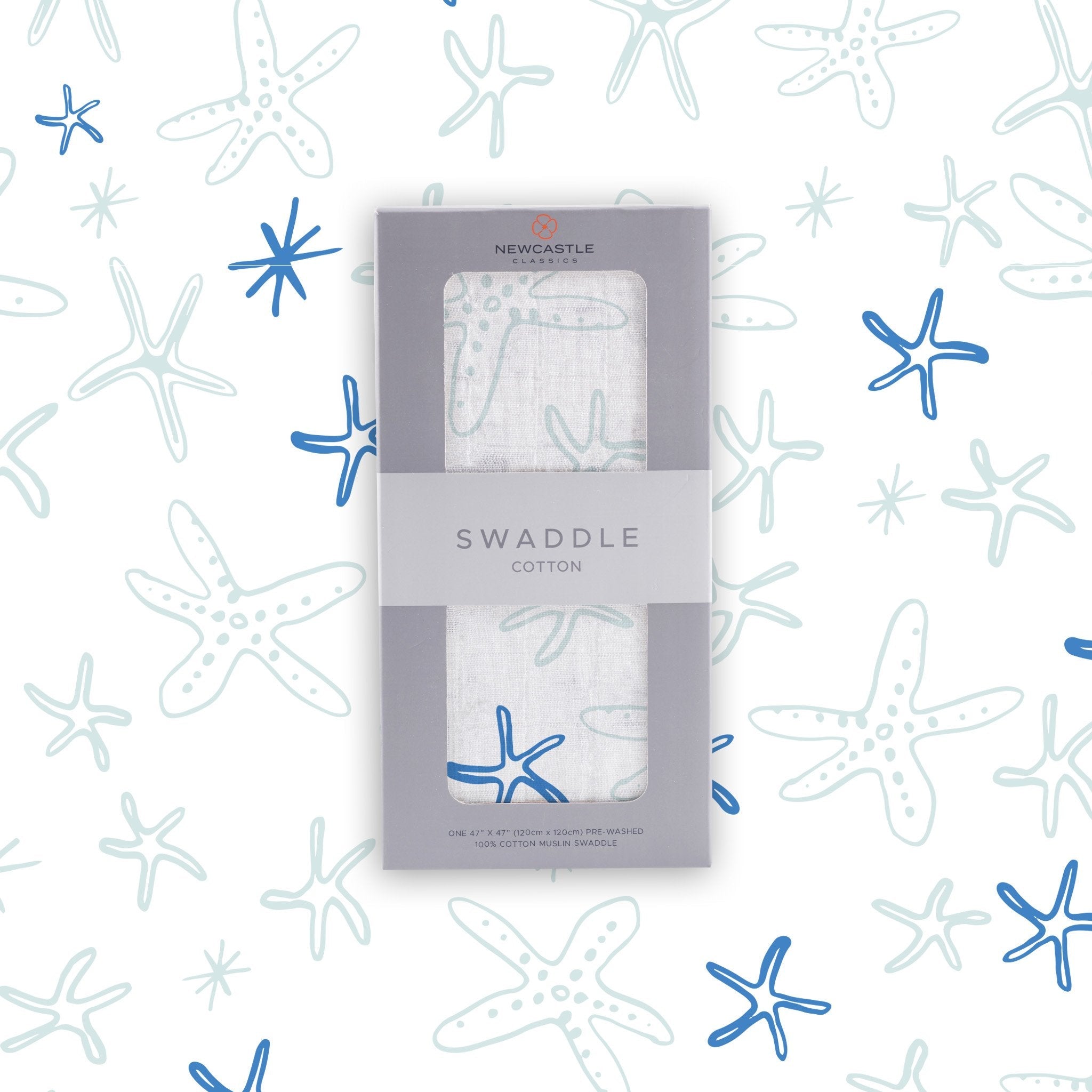 Starfish Cotton Muslin Swaddle featuring a whimsical starfish pattern, made from soft and breathable 100% natural cotton muslin.