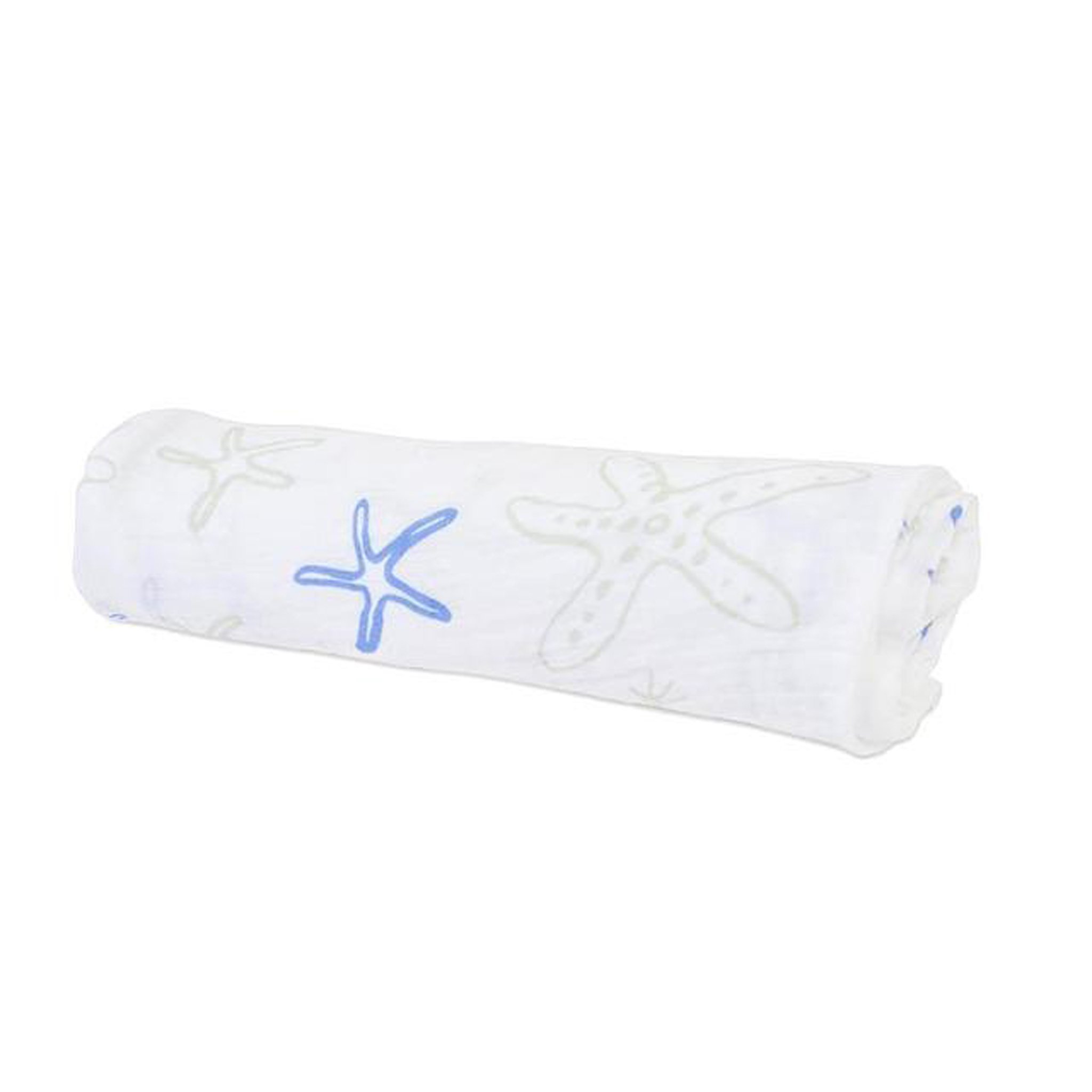 Starfish Cotton Muslin Swaddle featuring a whimsical starfish pattern, made from soft and breathable 100% natural cotton muslin.