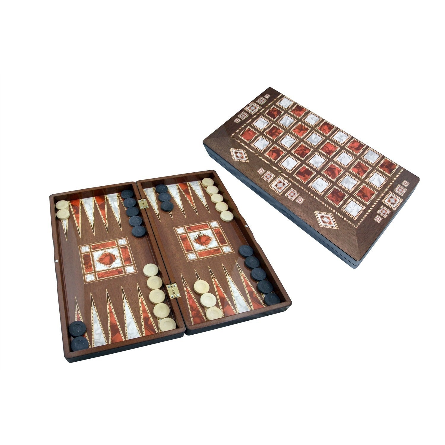 Stern-Polyester-Perlmutt-Backgammon in großer Größe, leicht und tragbar, mit traditionellem Design und magnetischem Verschluss.