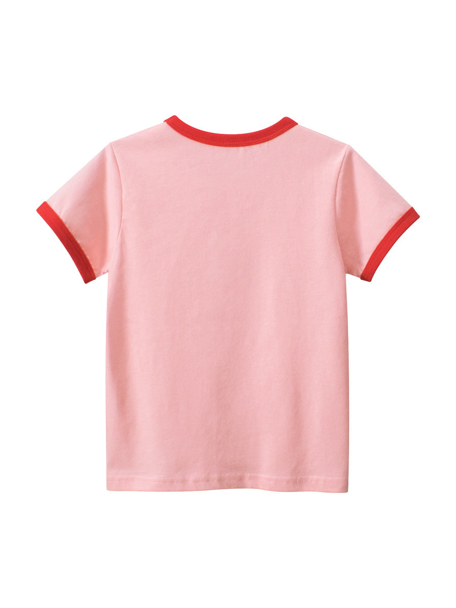 A pink girls' t-shirt featuring a cute strawberry bear print, made from soft cotton, perfect for summer wear.