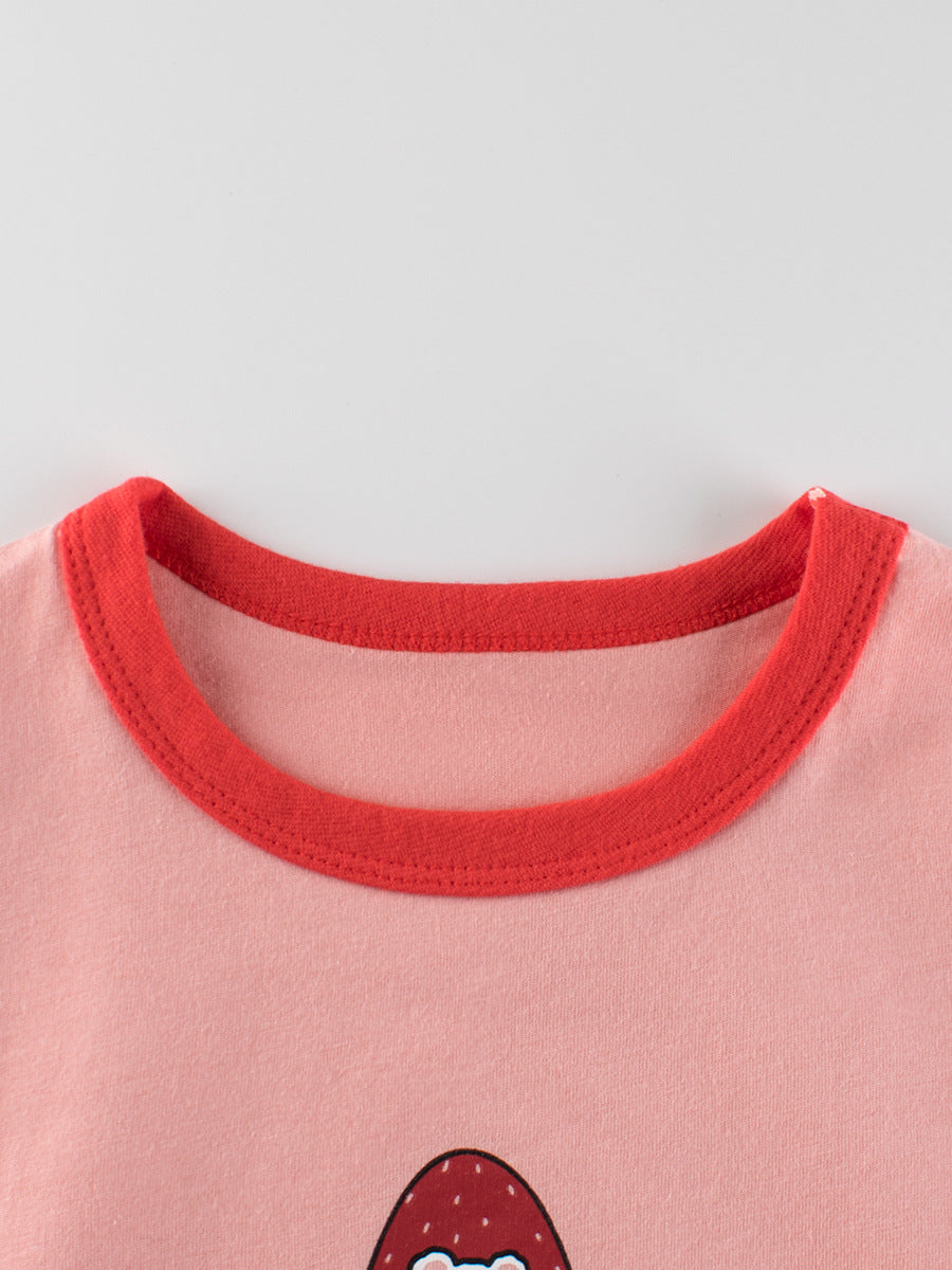 A pink girls' t-shirt featuring a cute strawberry bear print, made from soft cotton, perfect for summer wear.