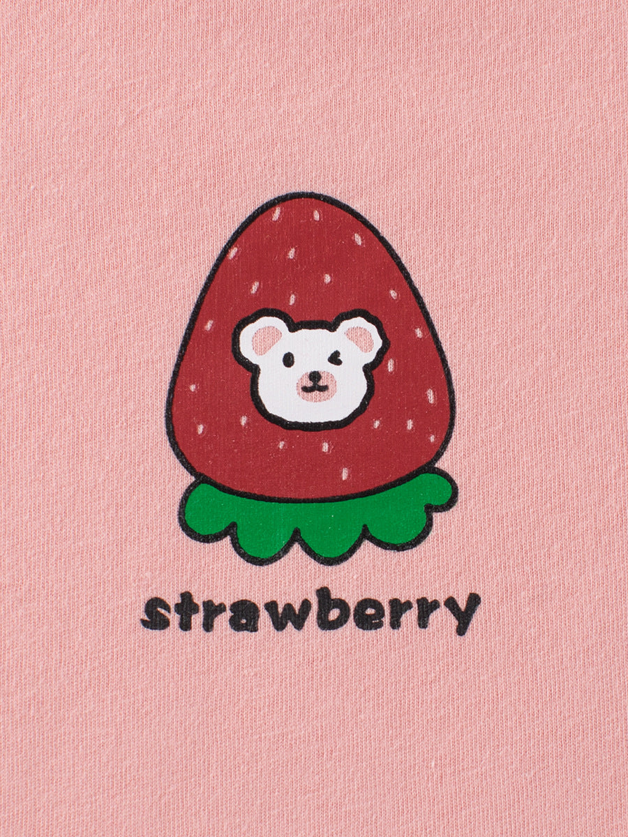 A pink girls' t-shirt featuring a cute strawberry bear print, made from soft cotton, perfect for summer wear.