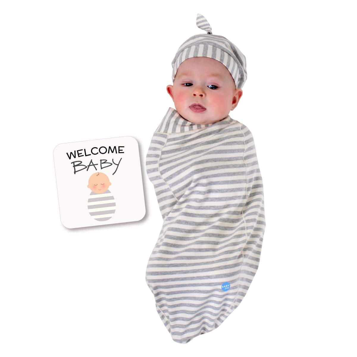 Stripe Baby cocoon swaddle set including swaddle, headpiece, and announcement card, designed for newborns.