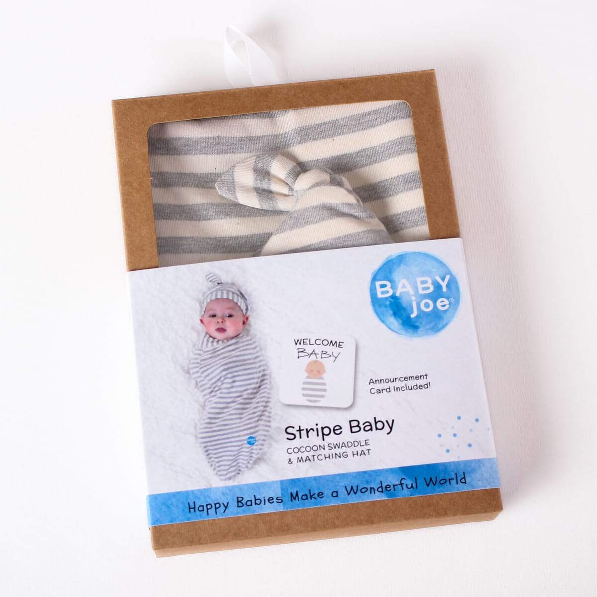 Stripe Baby cocoon swaddle set including swaddle, headpiece, and announcement card, designed for newborns.