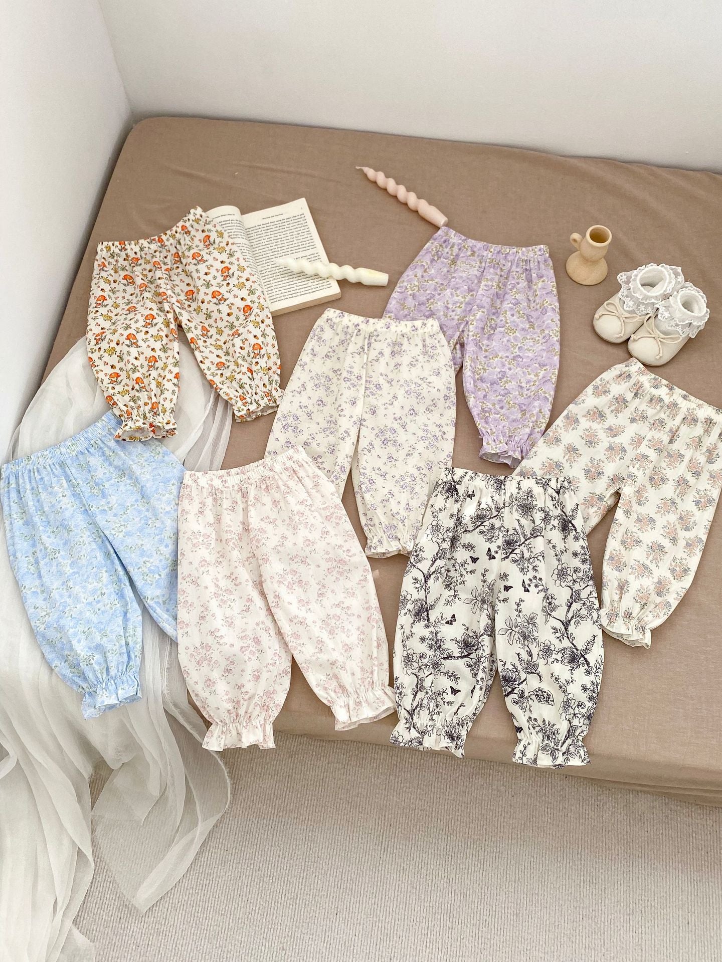 Summer Adorable Girls Floral Print Thin Ankle Tied Pants in various colors with floral patterns, perfect for young girls.