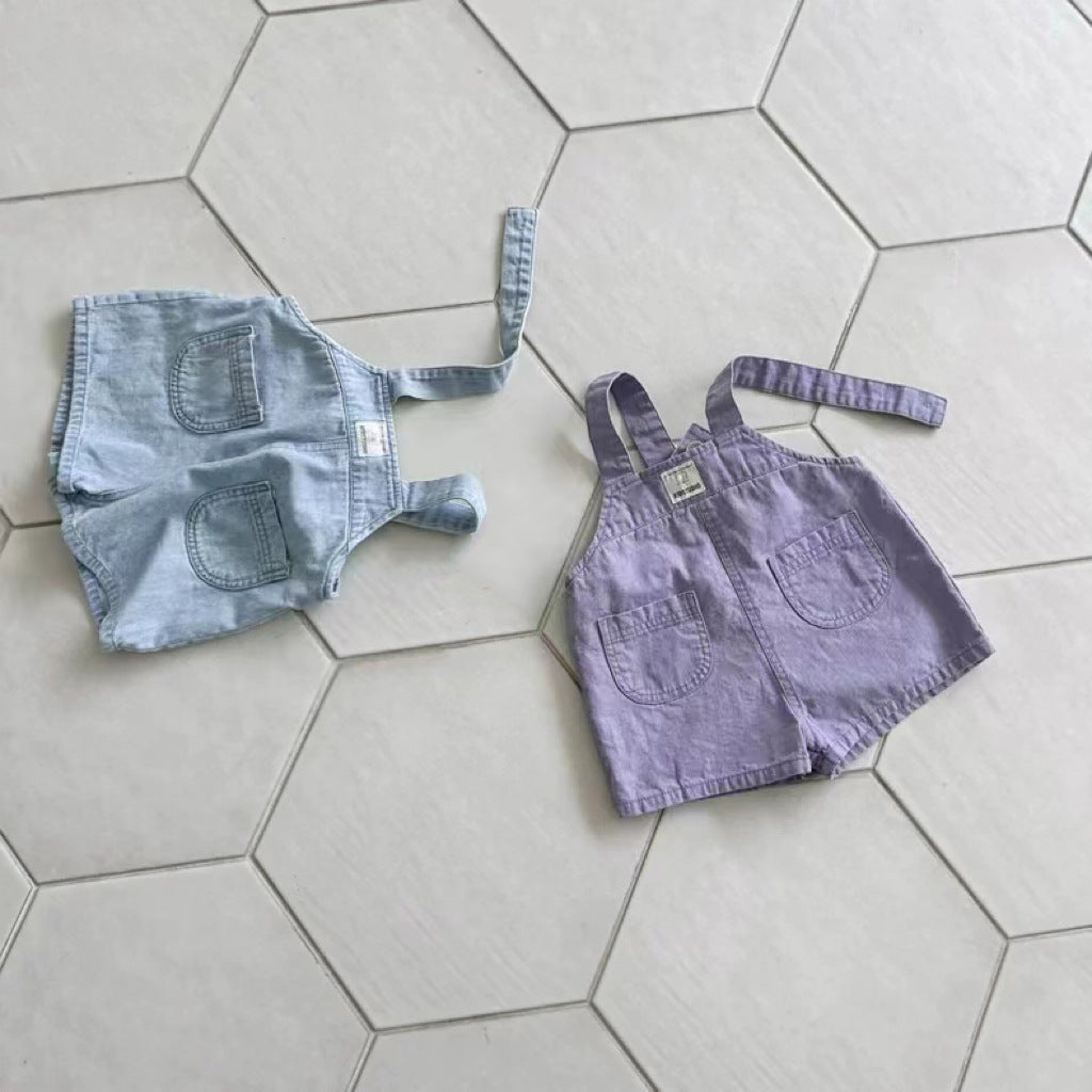 Summer Baby and Kids Unisex Solid Color Denim Overalls in blue and purple, made from breathable cotton for comfort.