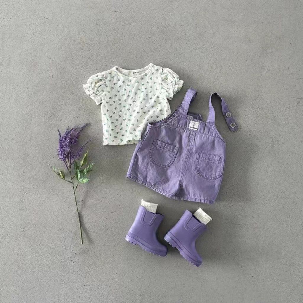 Summer Baby and Kids Unisex Solid Color Denim Overalls in blue and purple, made from breathable cotton for comfort.