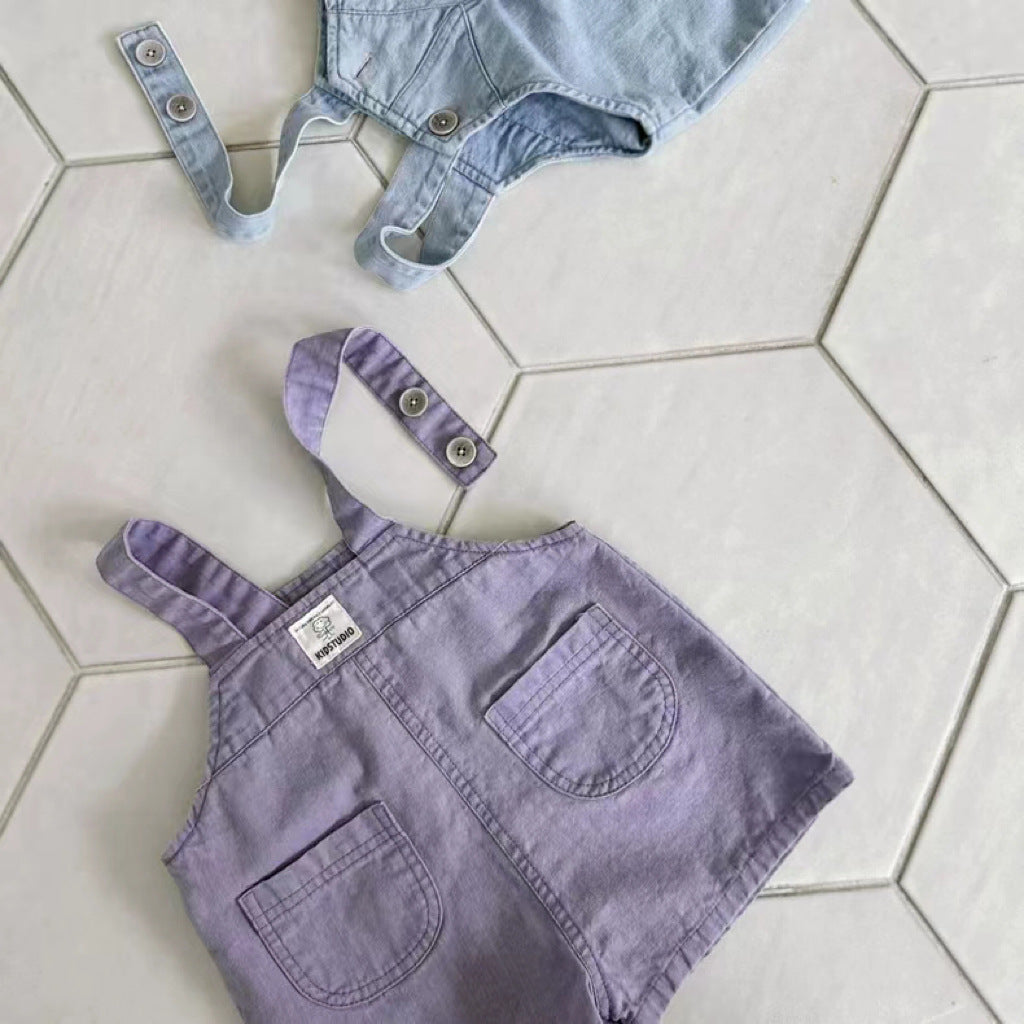 Summer Baby and Kids Unisex Solid Color Denim Overalls in blue and purple, made from breathable cotton for comfort.